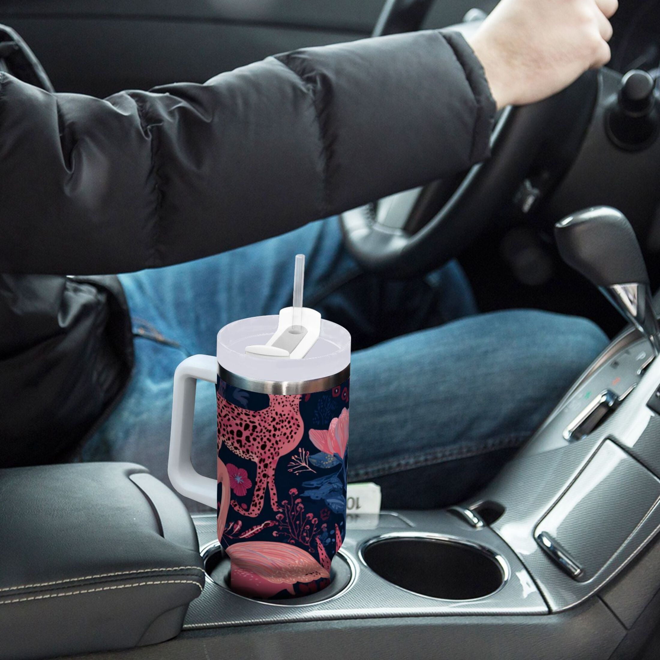30 oz Insulated Stainless Steel Tumbler Double Wall Stainless Steel Tumbler with 2-Way Drinking Flamingos and Leopard Print | 9K2K