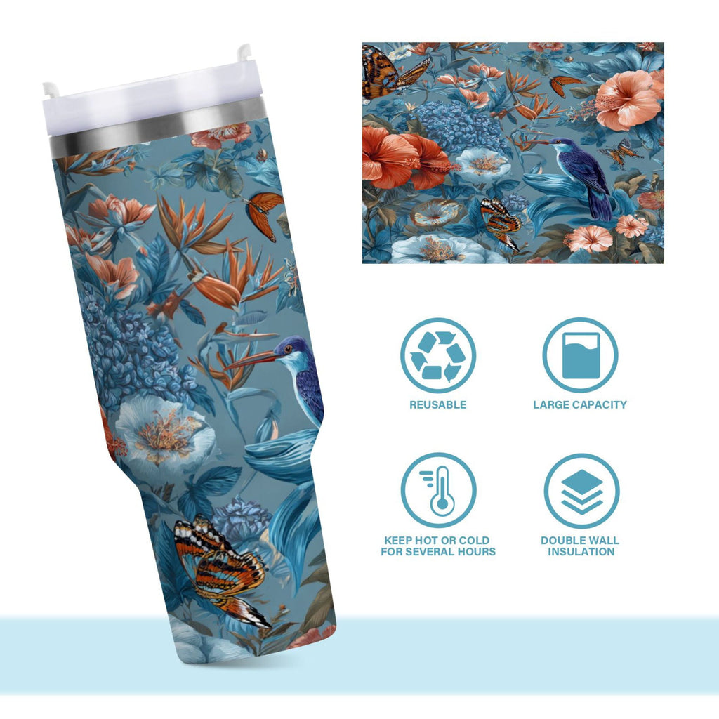 30 oz Insulated Stainless Steel Tumbler Double Wall Stainless Steel Tumbler with 2-Way Drinking Birds and Flowers | TPSH
