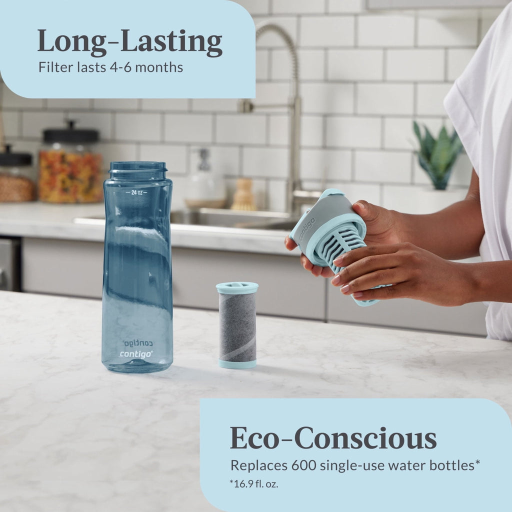 (2 pack) Contigo Clybourn Plastic FreeFlow Filter Water Bottle with AUTOSEAL Lid 24 oz., Dark Ice, with Replacable Filter | E8B5
