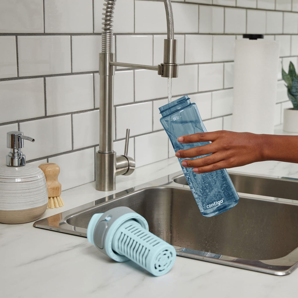 (2 pack) Contigo Clybourn Plastic FreeFlow Filter Water Bottle with AUTOSEAL Lid 24 oz., Dark Ice, with Replacable Filter | E8B5