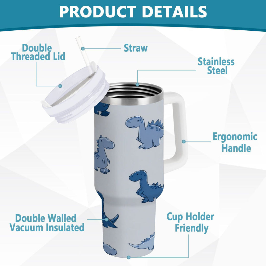 30 oz Insulated Stainless Steel Tumbler Double Wall Stainless Steel Tumbler with 2-Way Drinking Cute Blue Dinosaurs | XZGM