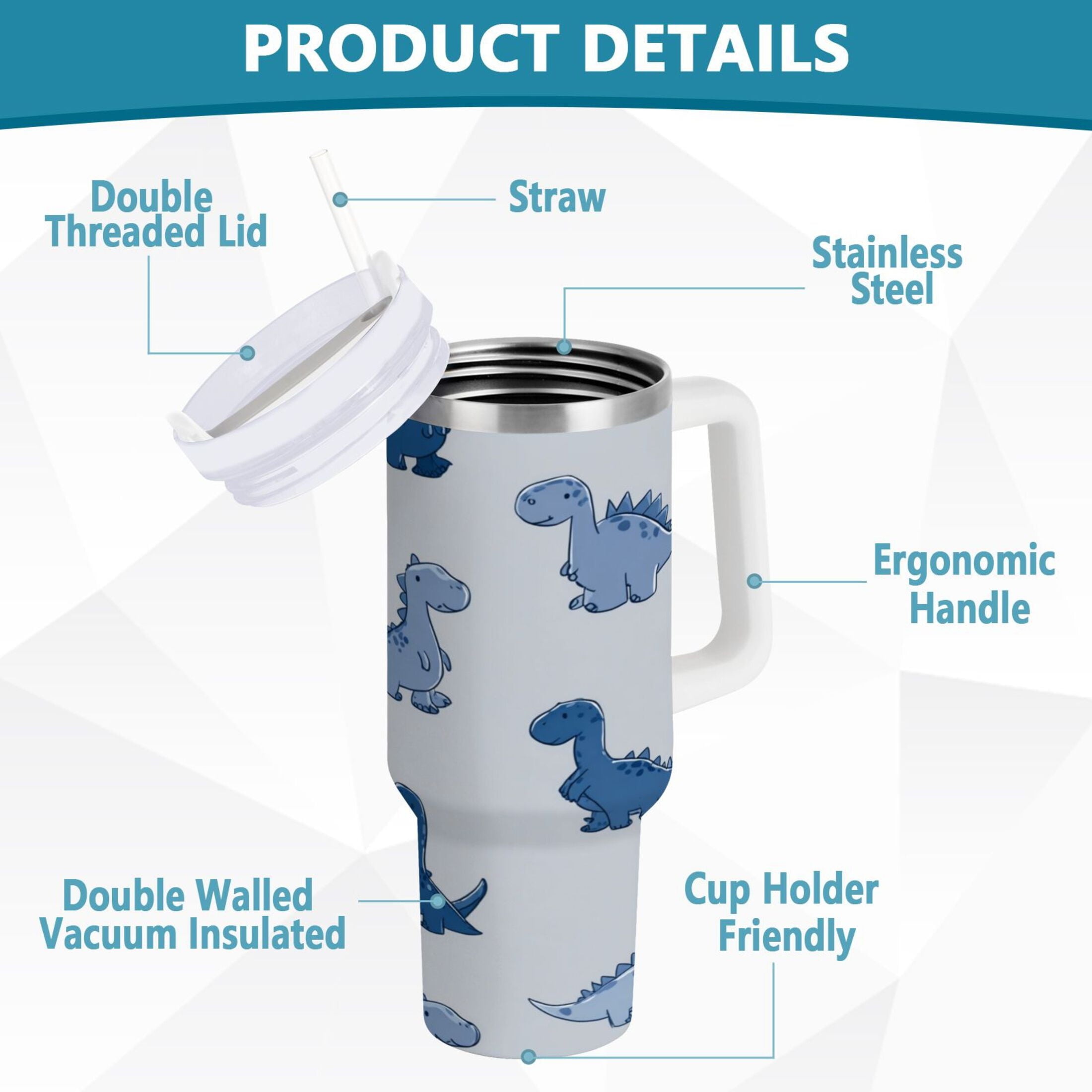 30 oz Insulated Stainless Steel Tumbler Double Wall Stainless Steel Tumbler with 2-Way Drinking Cute Blue Dinosaurs | XZGM