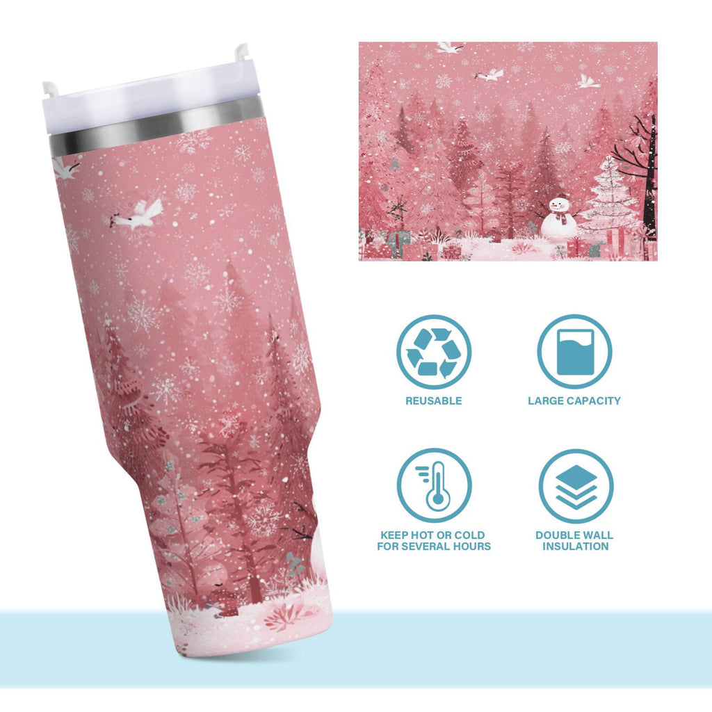 40 oz Insulated Stainless Steel Tumbler Double Wall Stainless Steel Tumbler with 2-Way Drinking Christmas Forest with Snowmen | S270