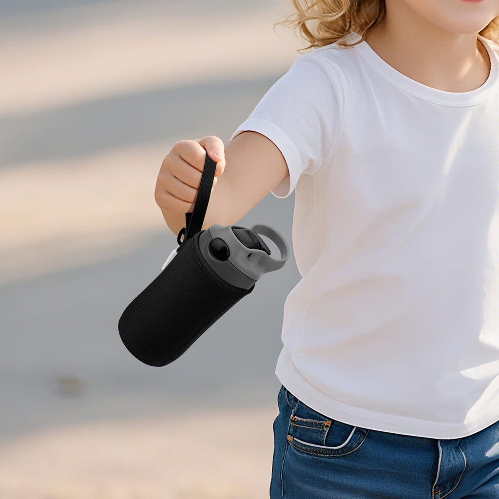 Linkidea Water Bottle Sleeve Compatible with Contigo Aubrey Tritan 14oz, Steel 13oz Kids Bottle, Waterbottle Holder Bag with Name Tag, Black | 8W18