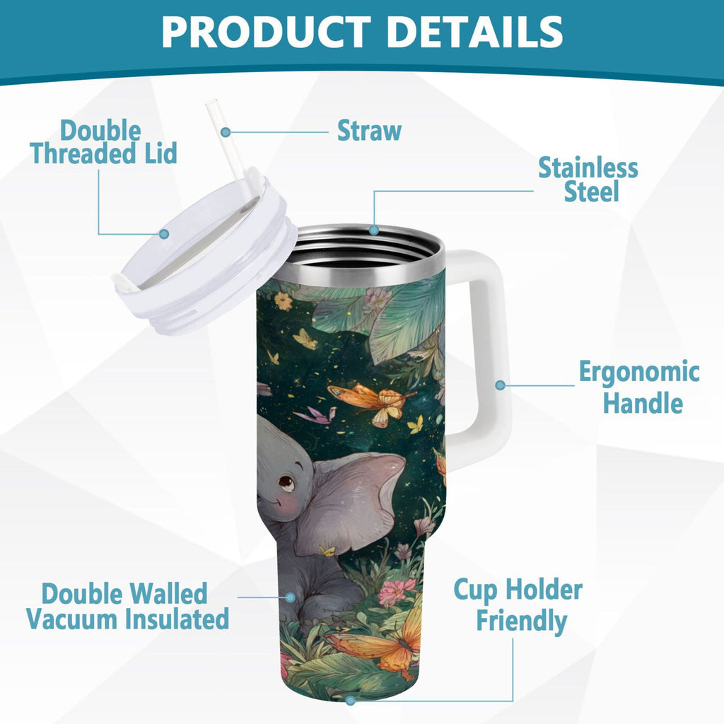 40 oz Insulated Stainless Steel Tumbler Double Wall Stainless Steel Tumbler with 2-Way Drinking Cute Elephant | MUFY