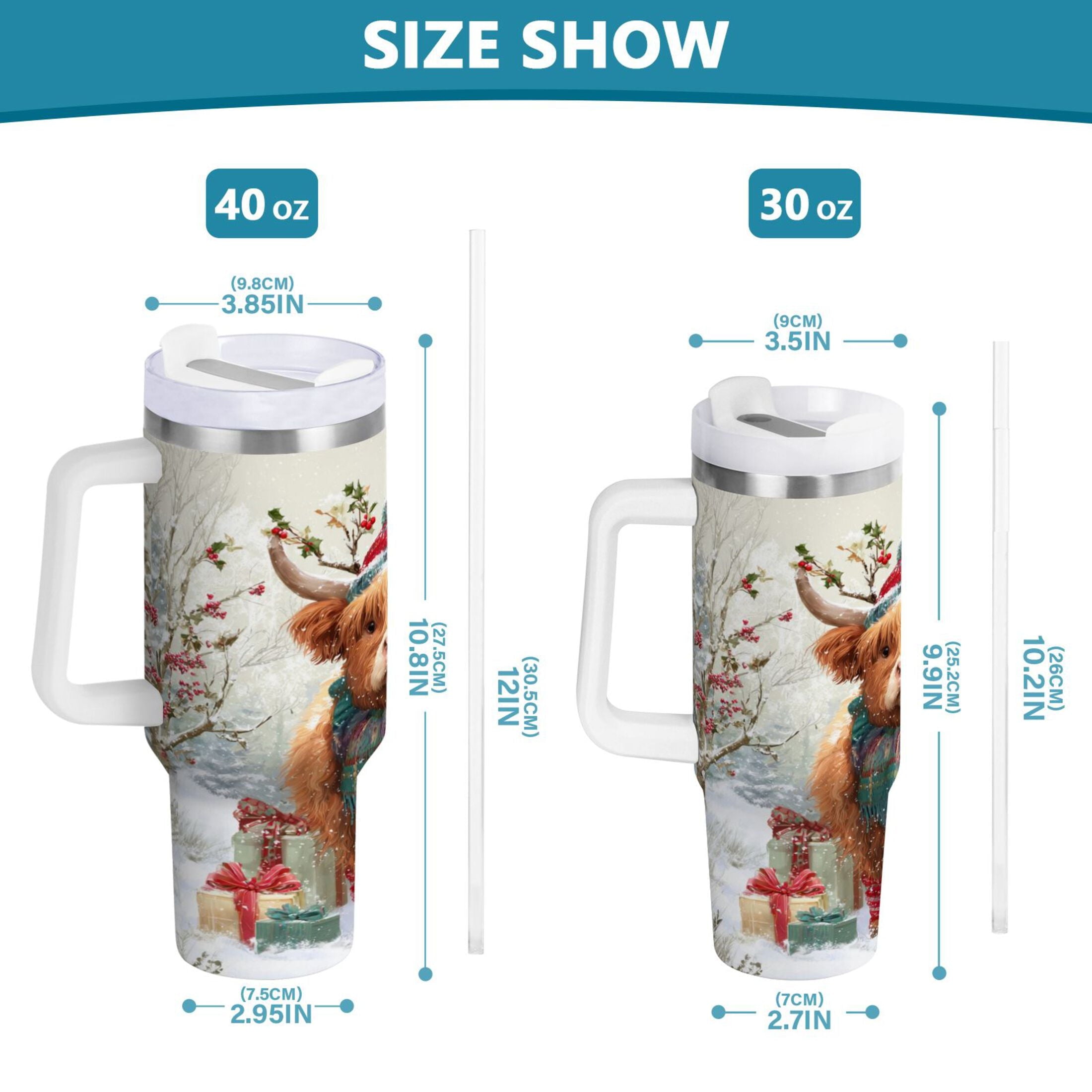 30 oz Insulated Stainless Steel Tumbler Double Wall Stainless Steel Tumbler with 2-Way Drinking Cow Wearing Christmas Hat | 00Q4