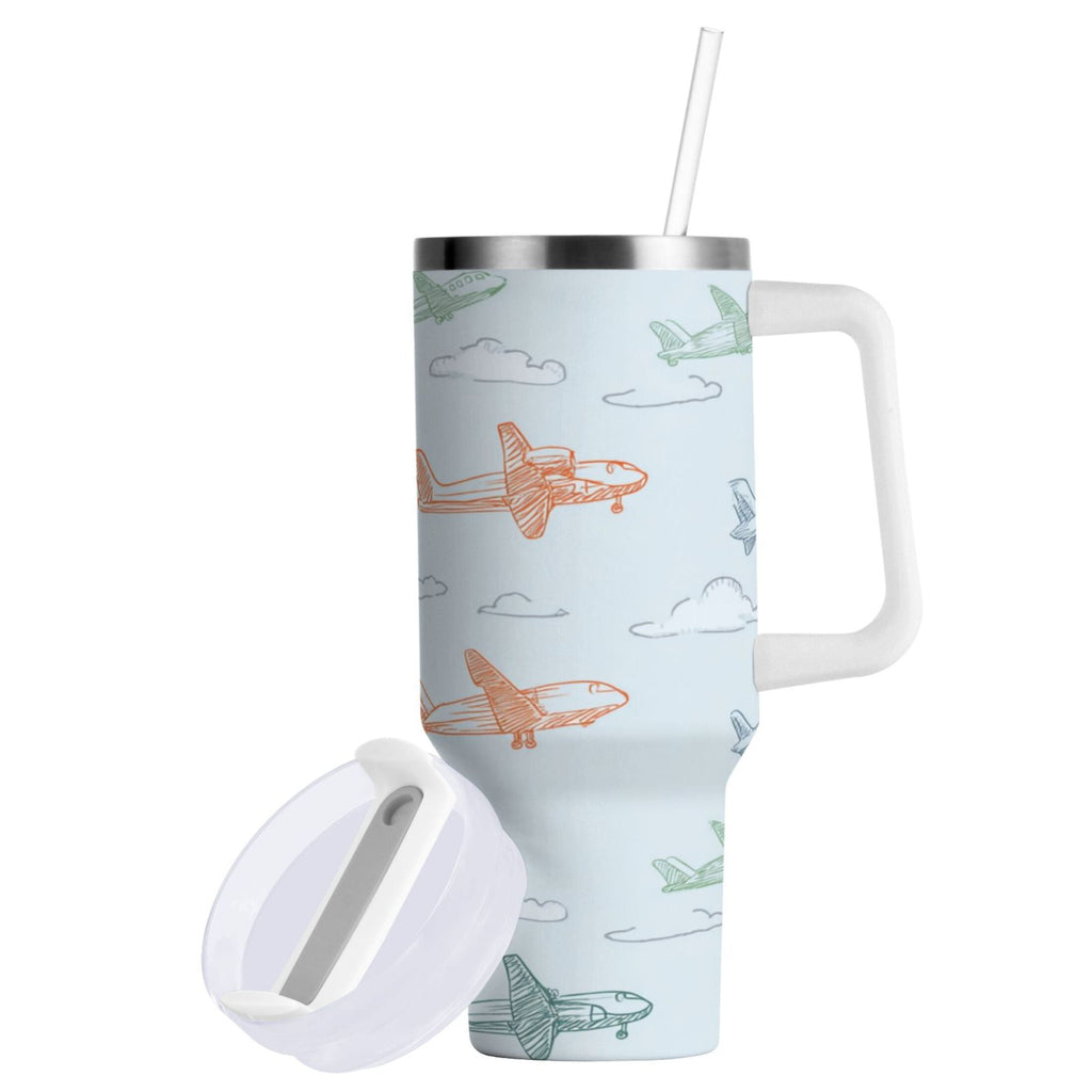 30 oz Insulated Stainless Steel Tumbler Double Wall Stainless Steel Tumbler with 2-Way Drinking Pastel Doodle Airplanes | 4GF8