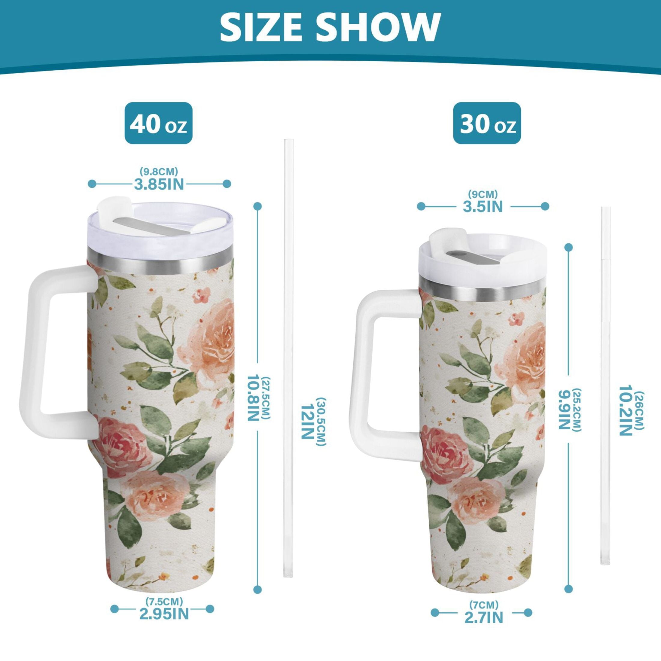 40 oz Insulated Stainless Steel Tumbler Double Wall Stainless Steel Tumbler with 2-Way Drinking Watercolor Rose Floral Pattern | OK57