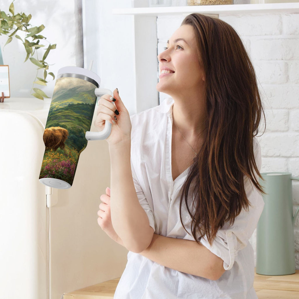 30 oz Insulated Stainless Steel Tumbler Double Wall Stainless Steel Tumbler with 2-Way Drinking Cow in Green Rolling Hills | 1E4U