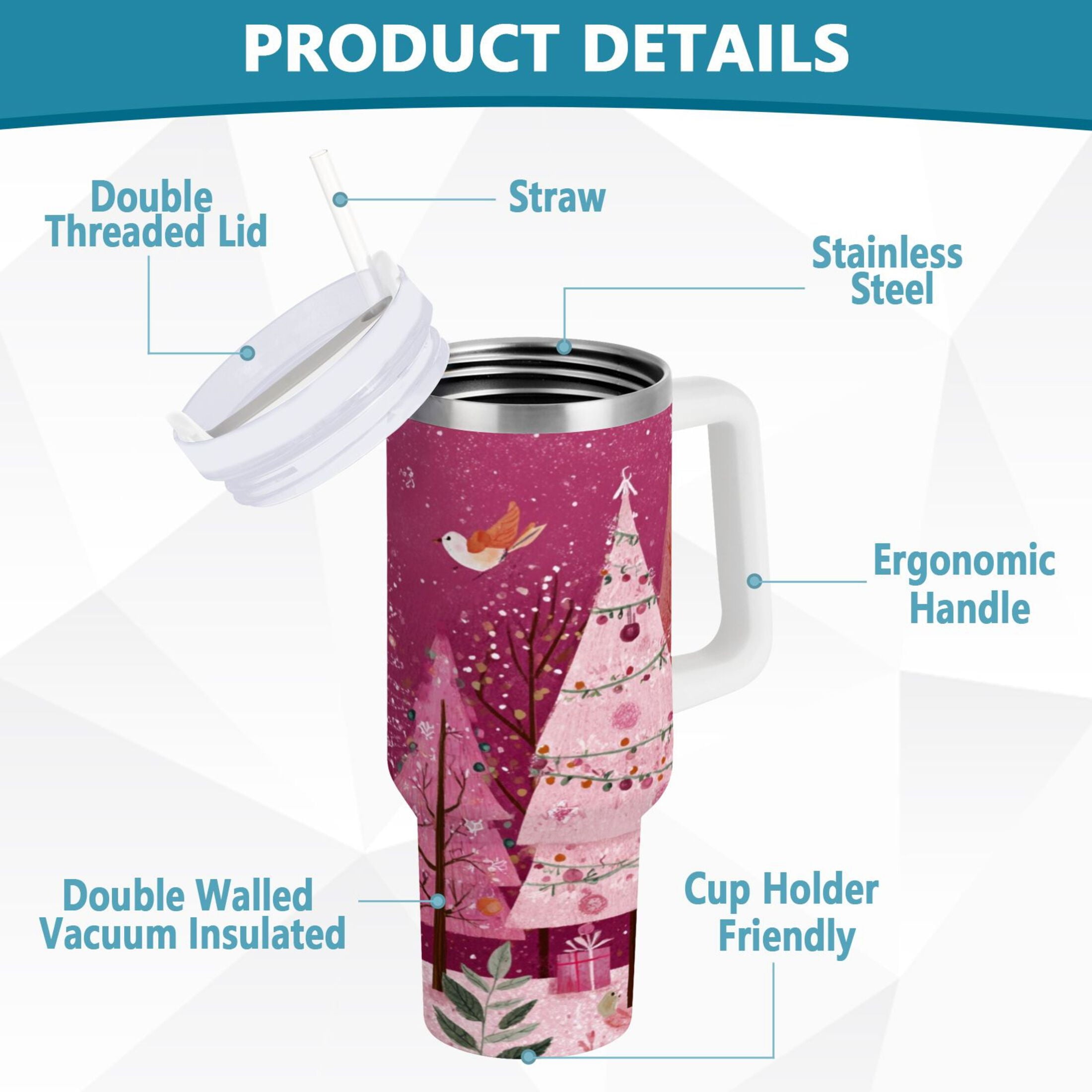 40 oz Insulated Stainless Steel Tumbler Double Wall Stainless Steel Tumbler with 2-Way Drinking Pink Christmas Forest | DA9J