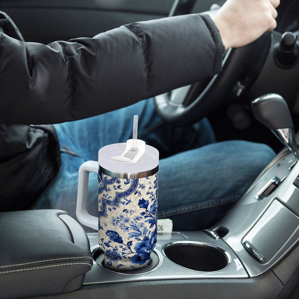 30 oz Insulated Stainless Steel Tumbler Double Wall Stainless Steel Tumbler with 2-Way Drinking Blue and White Porcelain-style | DKXU