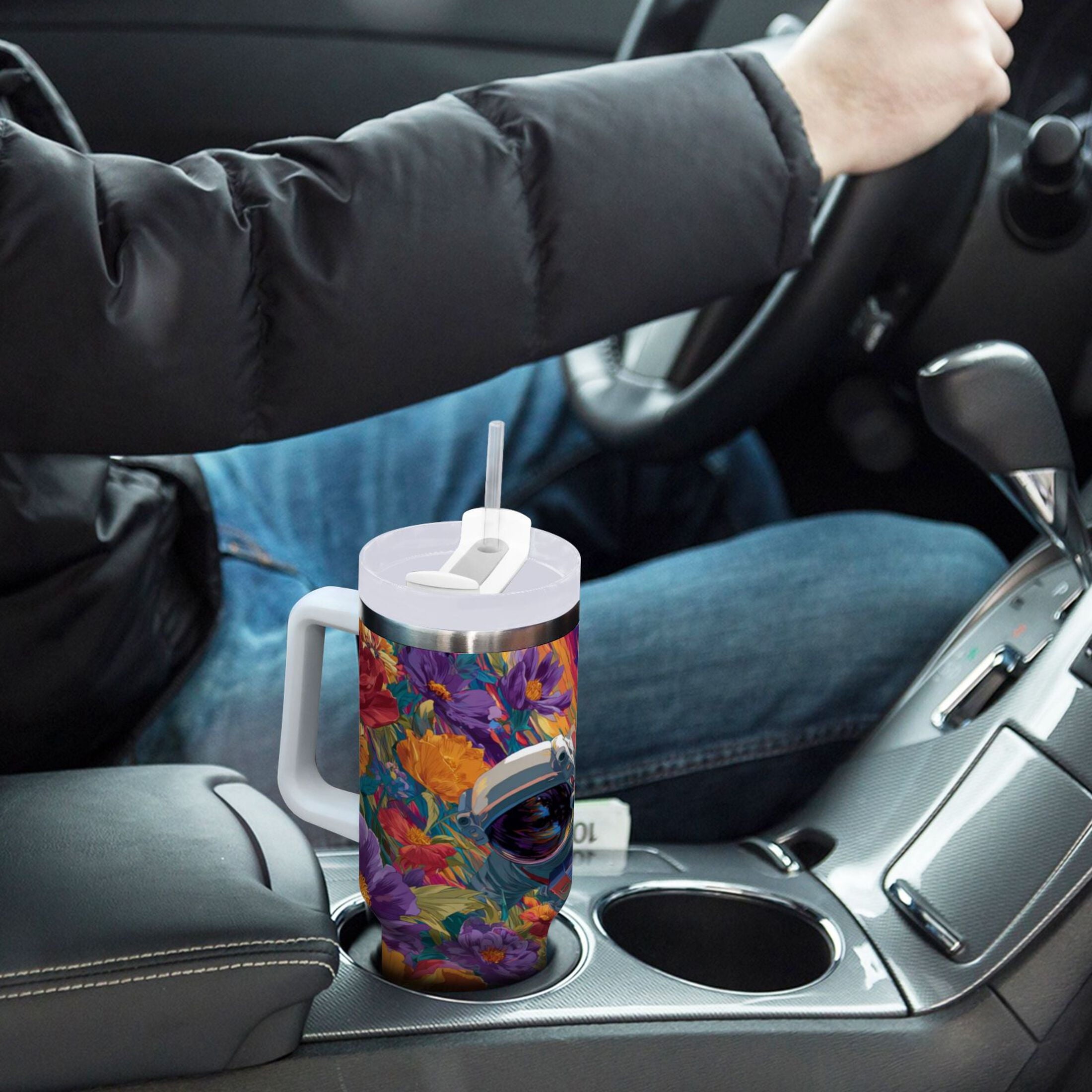 40 oz Insulated Stainless Steel Tumbler Double Wall Stainless Steel Tumbler with 2-Way Drinking Colorful Flowers and Planets | R6FR