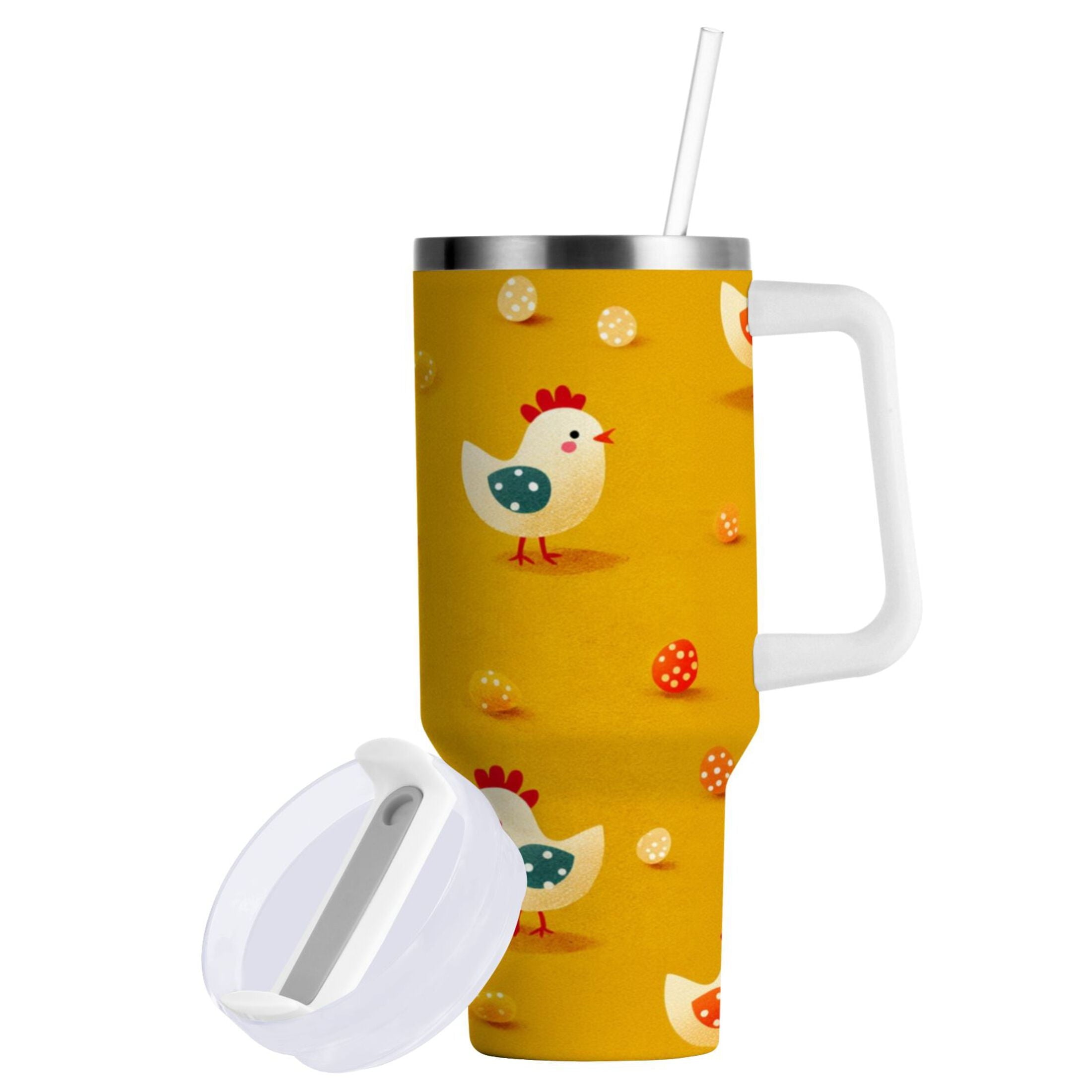 30 oz Insulated Stainless Steel Tumbler Double Wall Stainless Steel Tumbler with 2-Way Drinking Cartoon Chickens Pattern | DJF3