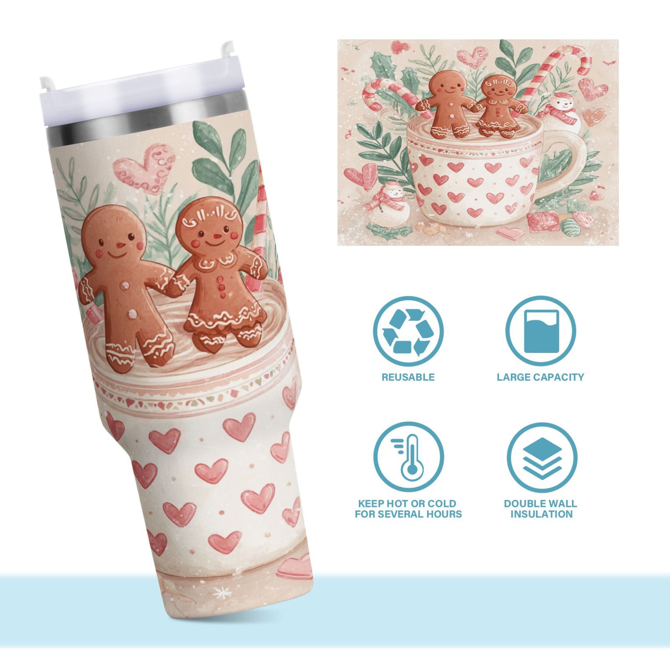 30 oz Insulated Stainless Steel Tumbler Double Wall Stainless Steel Tumbler with 2-Way Drinking Cute Christmas Design | PE93