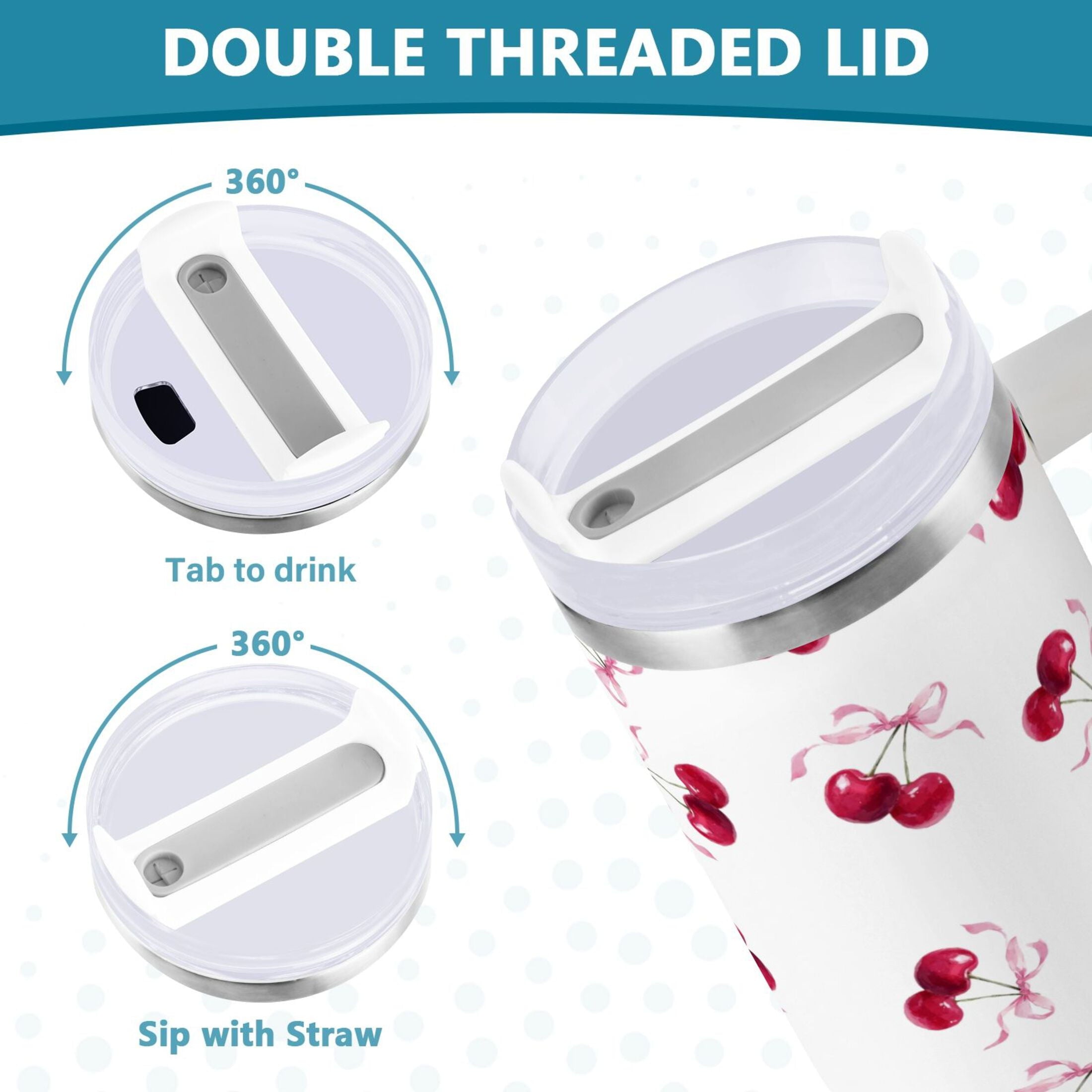 30 oz Insulated Stainless Steel Tumbler Double Wall Stainless Steel Tumbler with 2-Way Drinking Watercolor Cherries Pattern | DSFW