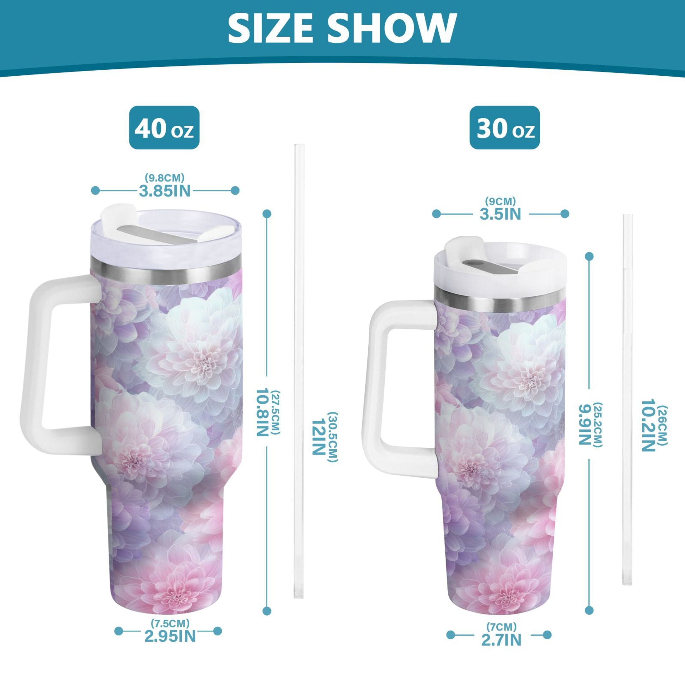 30 oz Insulated Stainless Steel Tumbler Double Wall Stainless Steel Tumbler with 2-Way Drinking Cute Pastel Watercolor Floral | 40PT
