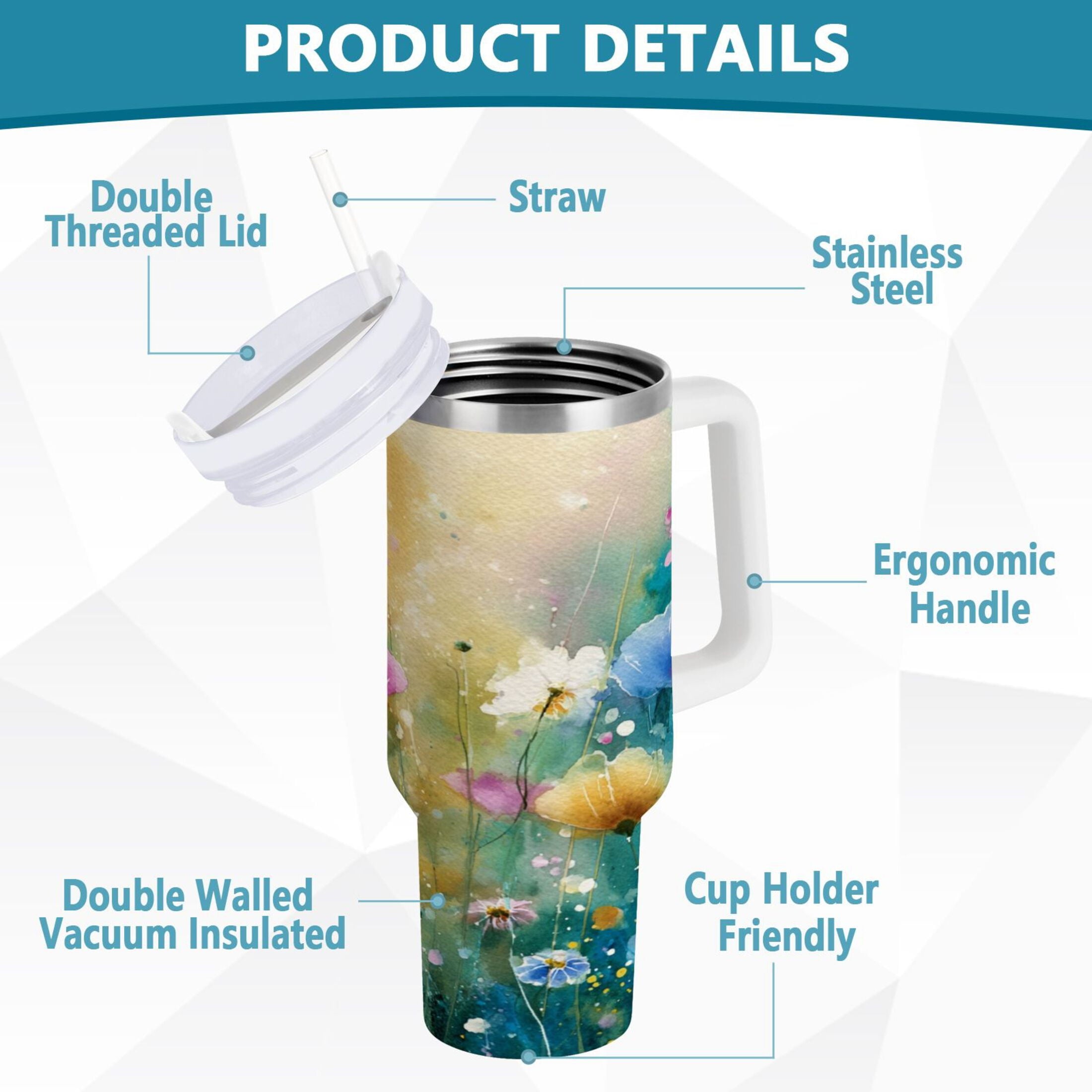 30 oz Insulated Stainless Steel Tumbler Double Wall Stainless Steel Tumbler with 2-Way Drinking Watercolor Wildflowers | 6ZHM