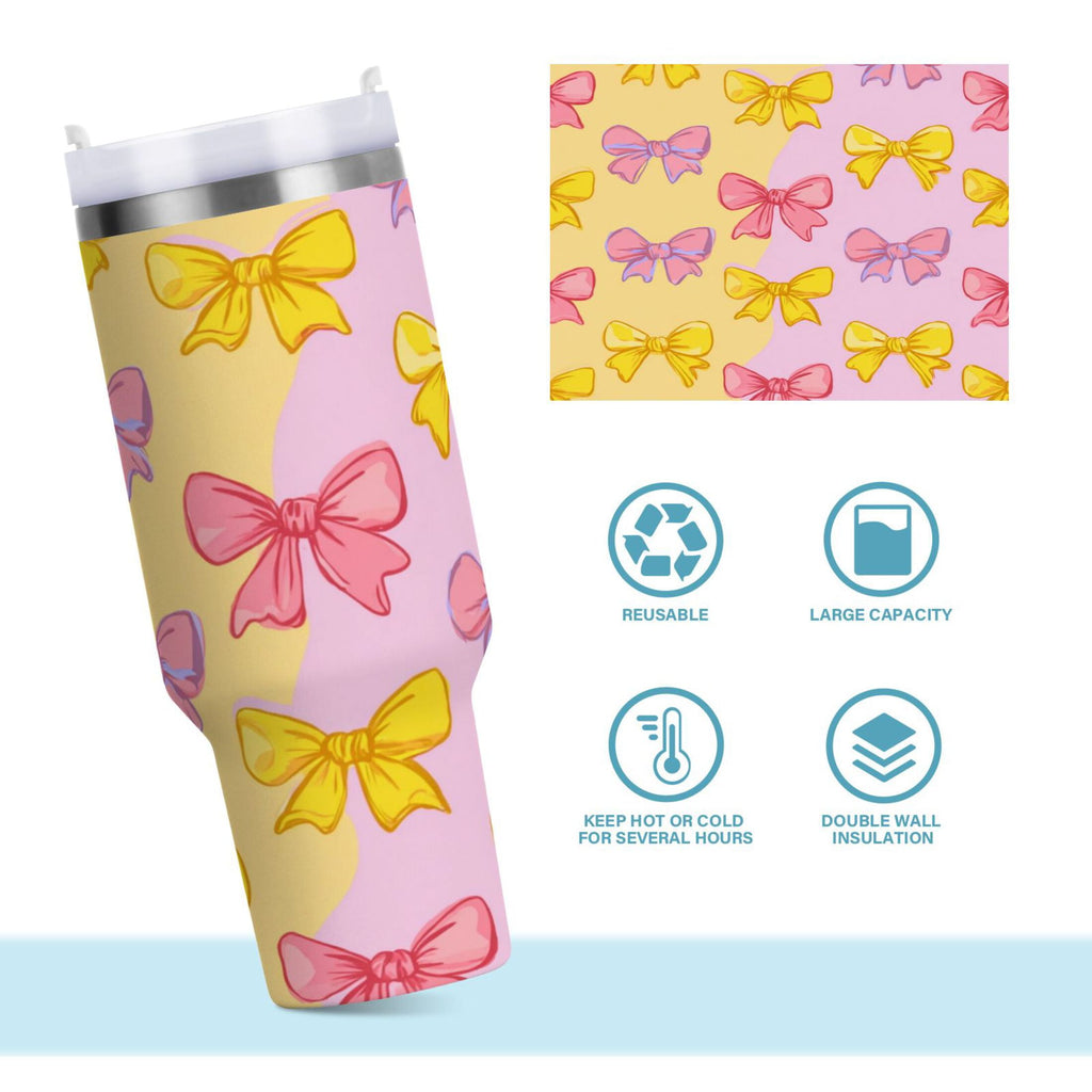 30 oz Insulated Stainless Steel Tumbler Double Wall Stainless Steel Tumbler with 2-Way Drinking Yellow and Pink Bows | I2W4