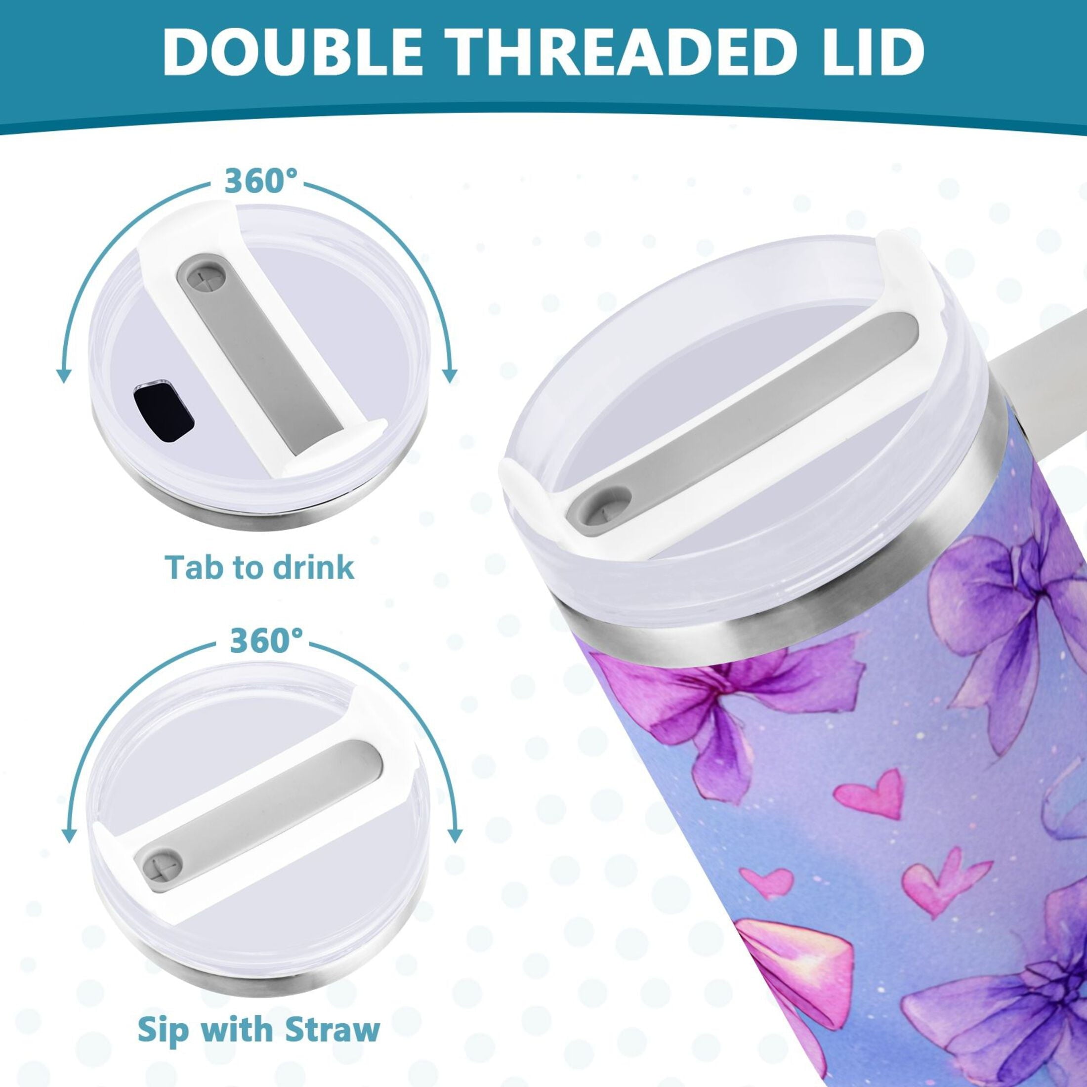 30 oz Insulated Stainless Steel Tumbler Double Wall Stainless Steel Tumbler with 2-Way Drinking Watercolor Bows Pattern | 7N5V