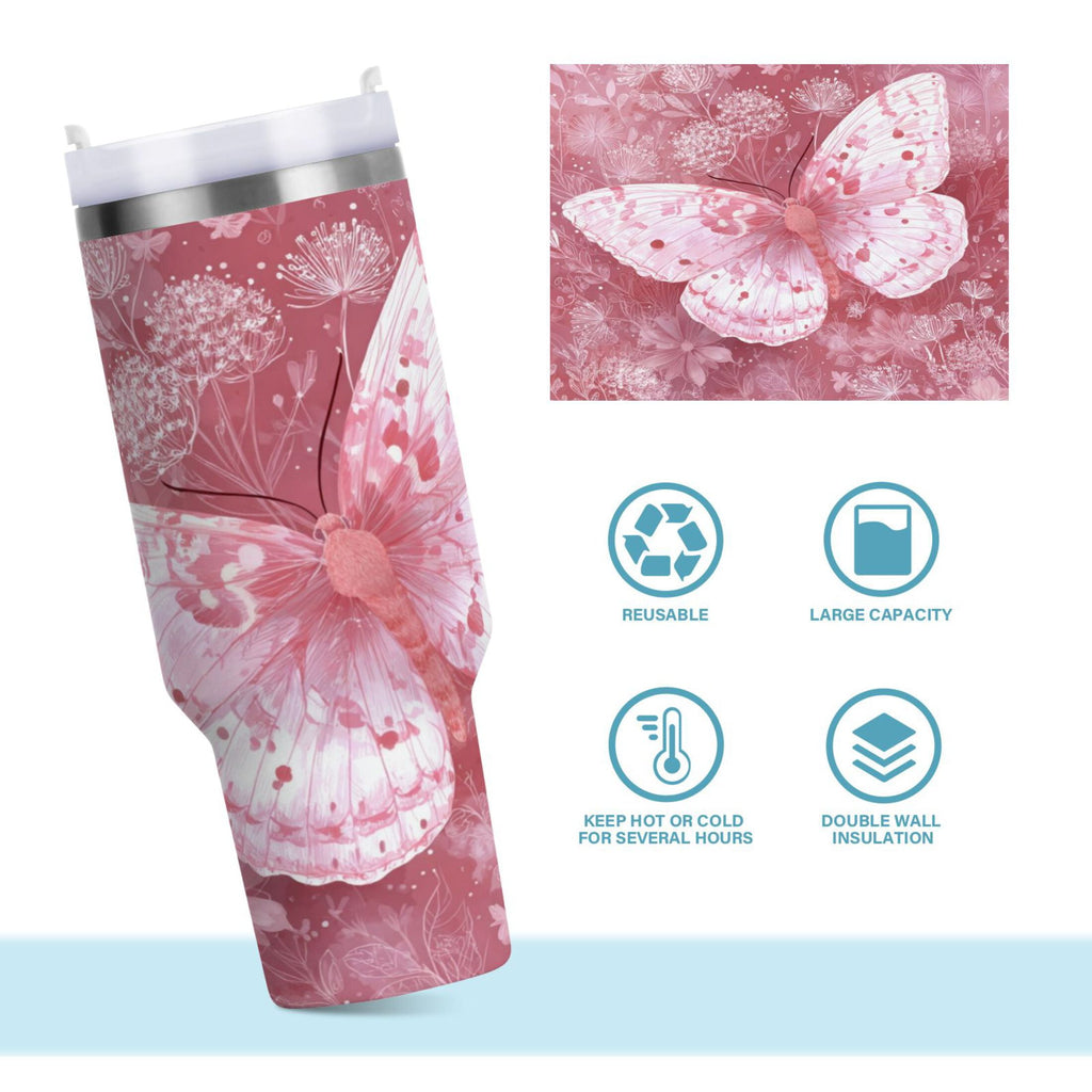30 oz Insulated Stainless Steel Tumbler Double Wall Stainless Steel Tumbler with 2-Way Drinking Soft Pink Butterfly | YS27