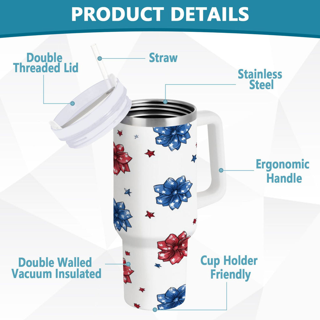 40 oz Insulated Stainless Steel Tumbler Double Wall Stainless Steel Tumbler with 2-Way Drinking Stars and Stripes Puttern Flower | C74N