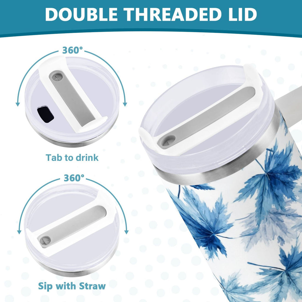 30 oz Insulated Stainless Steel Tumbler Double Wall Stainless Steel Tumbler with 2-Way Drinking Abstract Blue Maple Leaves | TZZM