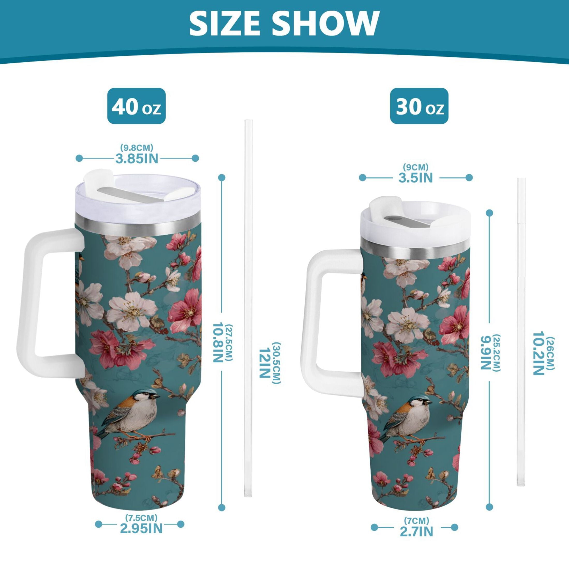 30 oz Insulated Stainless Steel Tumbler Double Wall Stainless Steel Tumbler with 2-Way Drinking Birds and Cherry Pattern | B0Z0