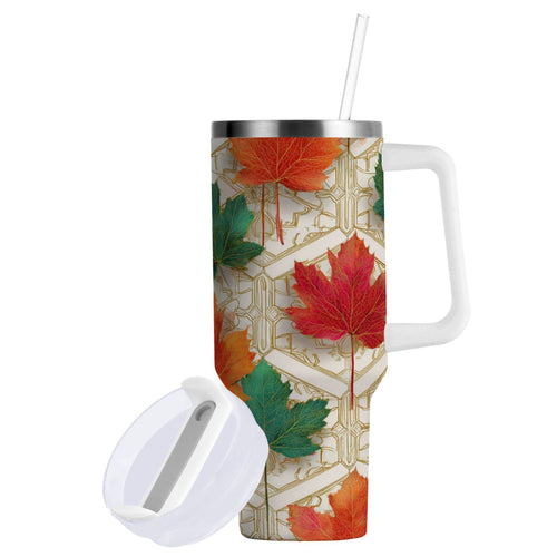 30 oz Insulated Stainless Steel Tumbler Double Wall Stainless Steel Tumbler with 2-Way Drinking Green and Red Maple Leaves | PU7M
