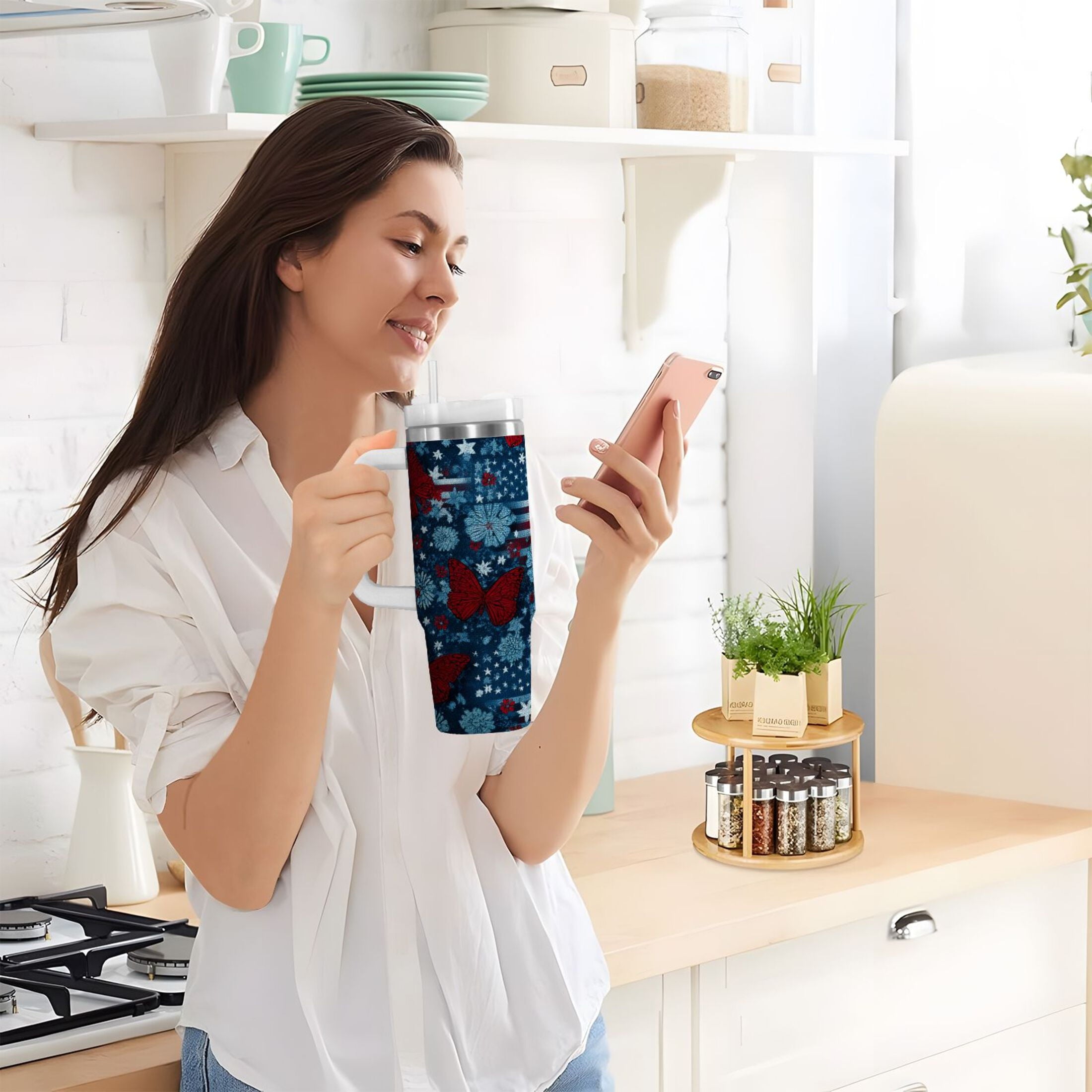 30 oz Insulated Stainless Steel Tumbler Double Wall Stainless Steel Tumbler with 2-Way Drinking Red Butterflies and Flags | PY3J