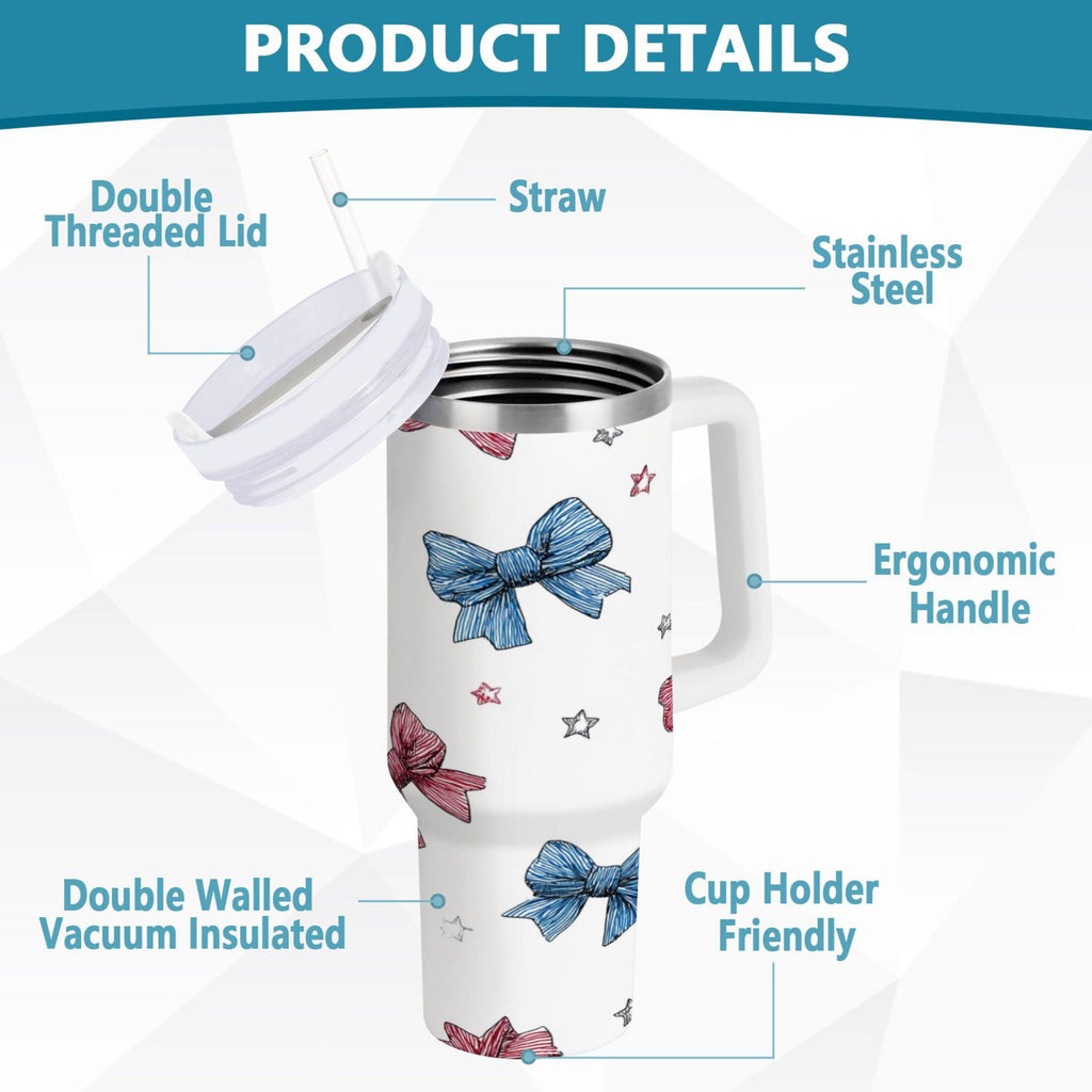 40 oz Insulated Stainless Steel Tumbler Double Wall Stainless Steel Tumbler with 2-Way Drinking Red and Blue Stripes Bows | QANM