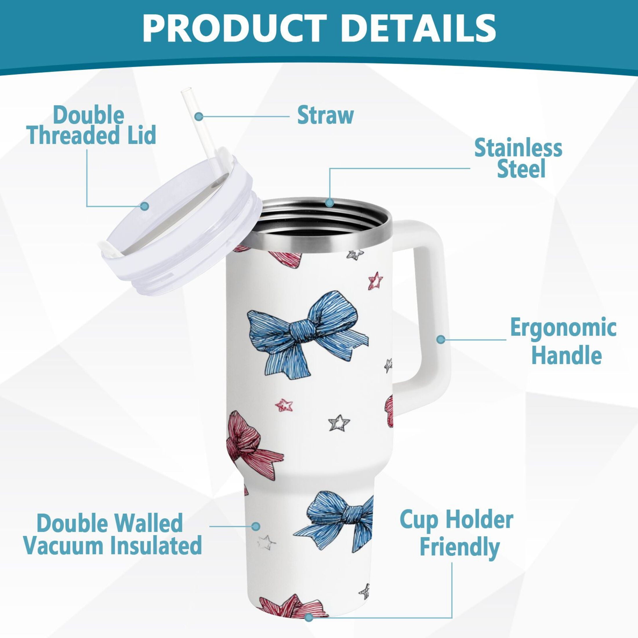 40 oz Insulated Stainless Steel Tumbler Double Wall Stainless Steel Tumbler with 2-Way Drinking Red and Blue Stripes Bows | QANM