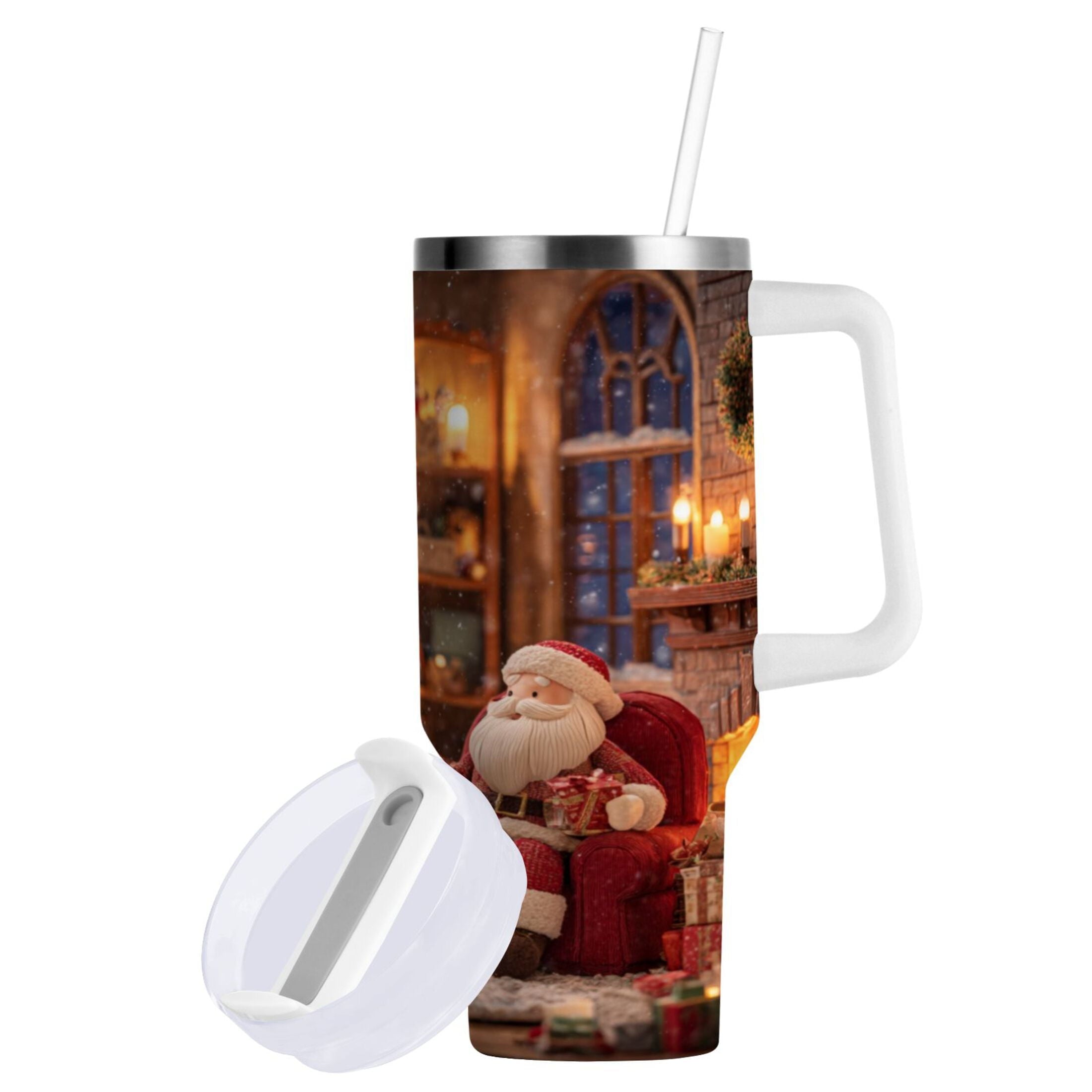 40 oz Insulated Stainless Steel Tumbler Double Wall Stainless Steel Tumbler with 2-Way Drinking Sitting Santa Claus | 7NGW