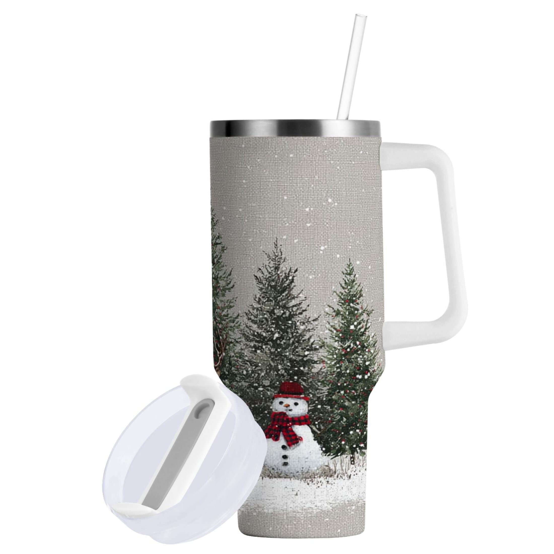 30 oz Insulated Stainless Steel Tumbler Double Wall Stainless Steel Tumbler with 2-Way Drinking Christmas Deer and Snowmen | ZP4F
