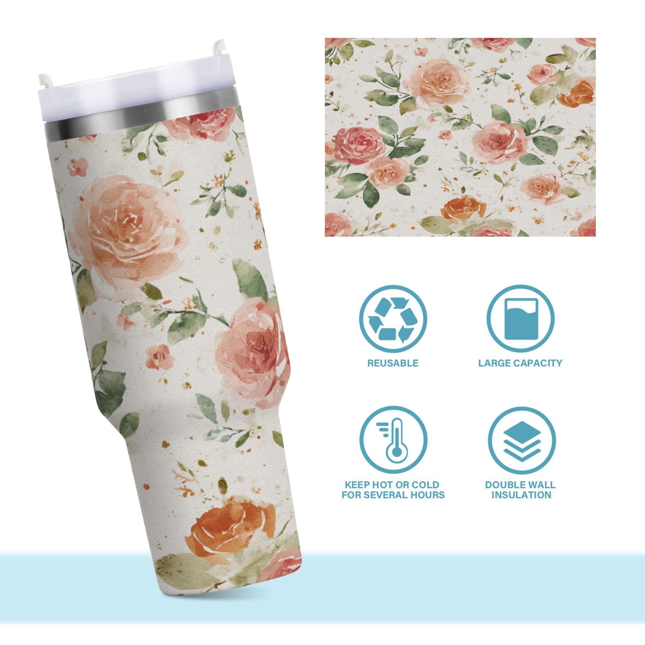 40 oz Insulated Stainless Steel Tumbler Double Wall Stainless Steel Tumbler with 2-Way Drinking Watercolor Rose Floral Pattern | MQUW