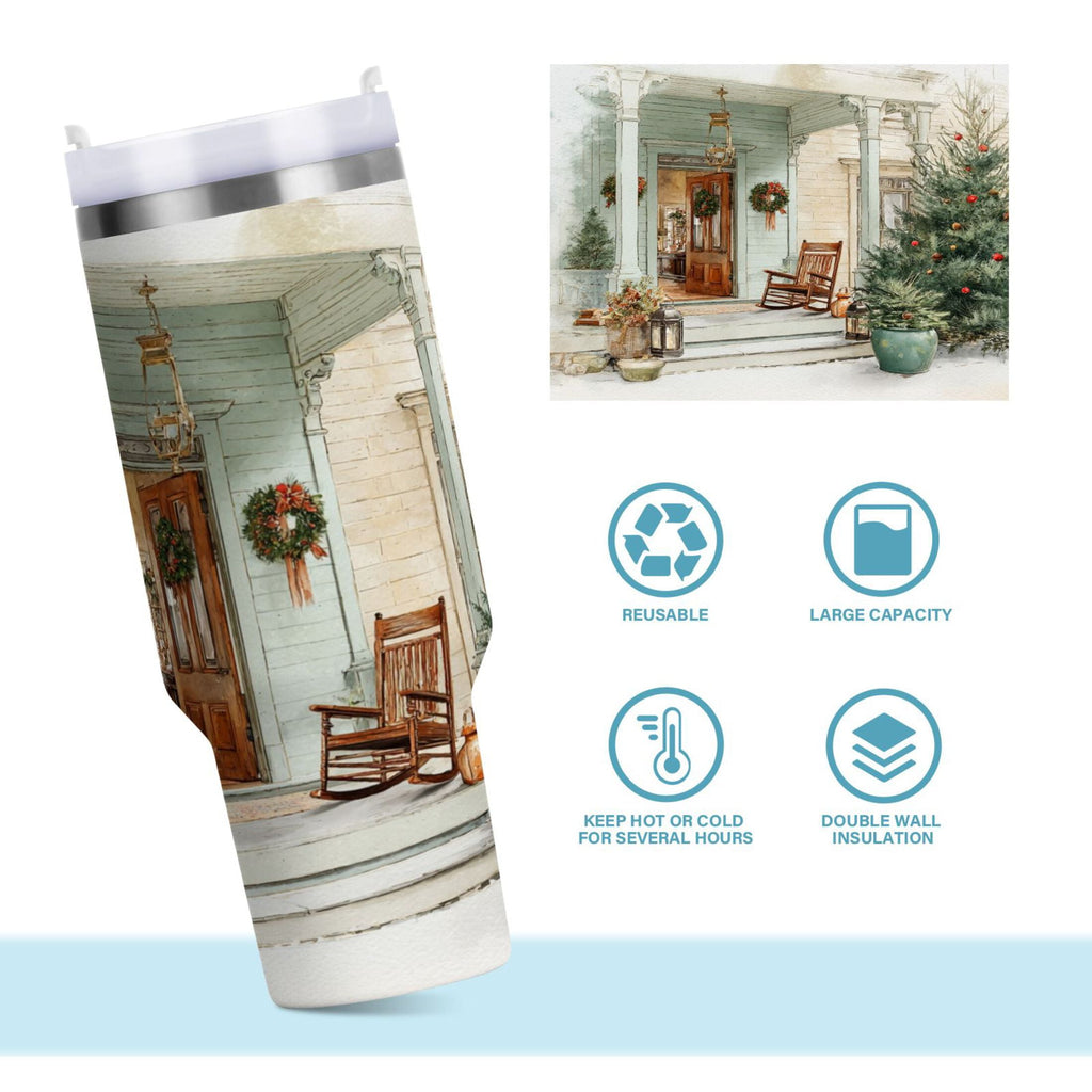 30 oz Insulated Stainless Steel Tumbler Double Wall Stainless Steel Tumbler with 2-Way Drinking Charming Christmas Doorway | 1ZWY
