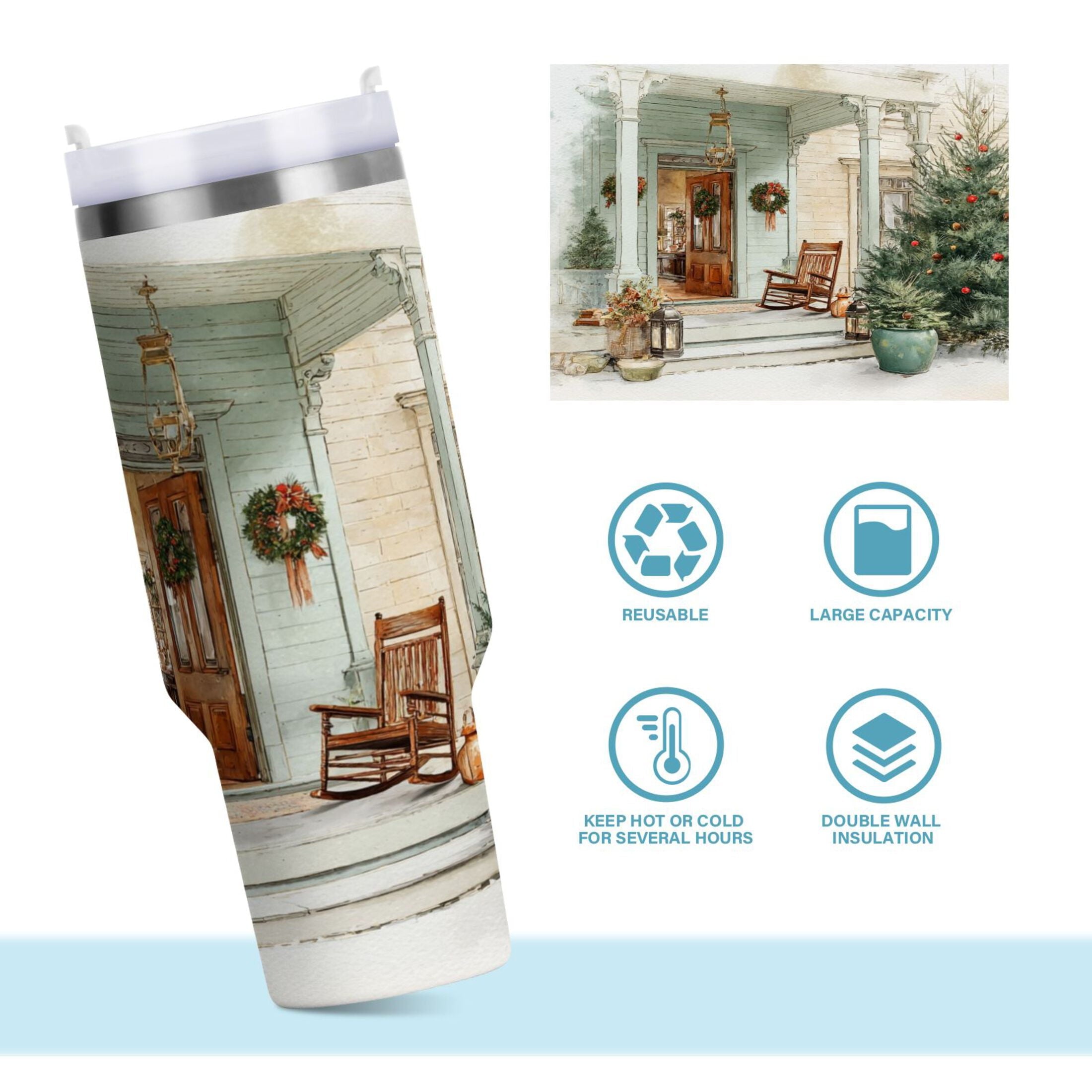 30 oz Insulated Stainless Steel Tumbler Double Wall Stainless Steel Tumbler with 2-Way Drinking Charming Christmas Doorway | 1ZWY
