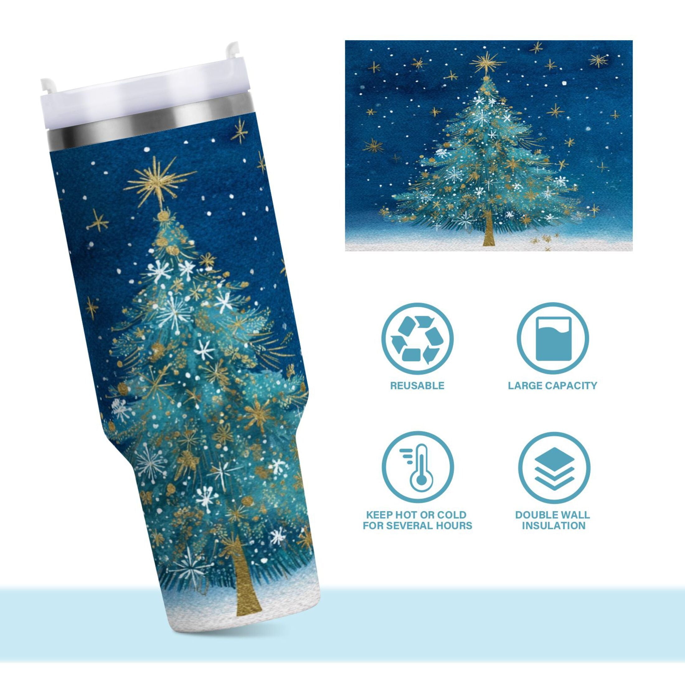 40 oz Insulated Stainless Steel Tumbler Double Wall Stainless Steel Tumbler with 2-Way Drinking Watercolor Christmas Tree | NVVL