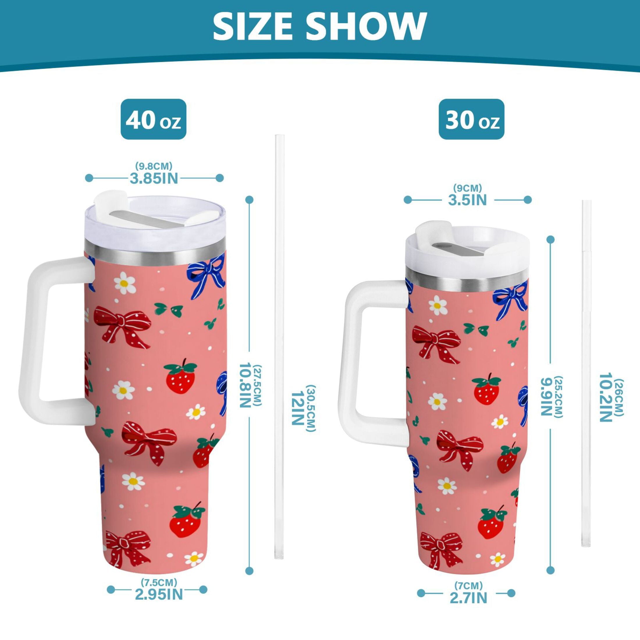 40 oz Insulated Stainless Steel Tumbler Double Wall Stainless Steel Tumbler with 2-Way Drinking Bows and Strawberries Pattern | 2KSY