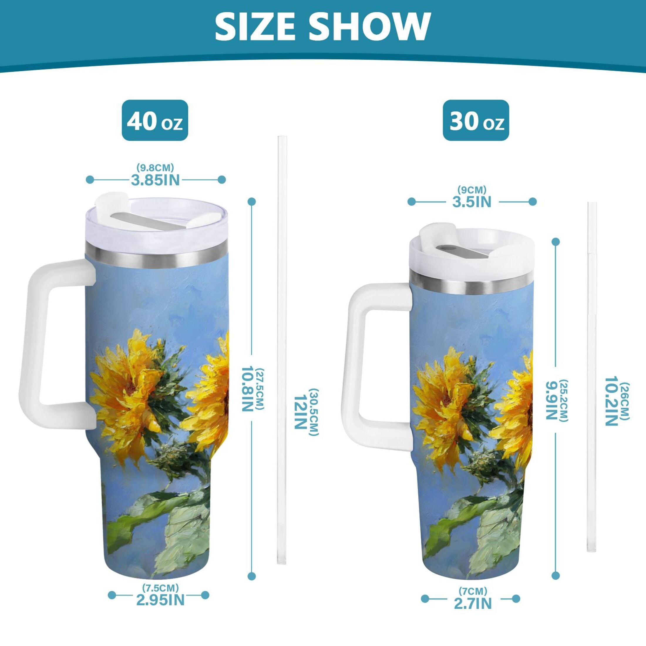 40 oz Insulated Stainless Steel Tumbler Double Wall Stainless Steel Tumbler with 2-Way Drinking Sunflowers Painting | WS0A