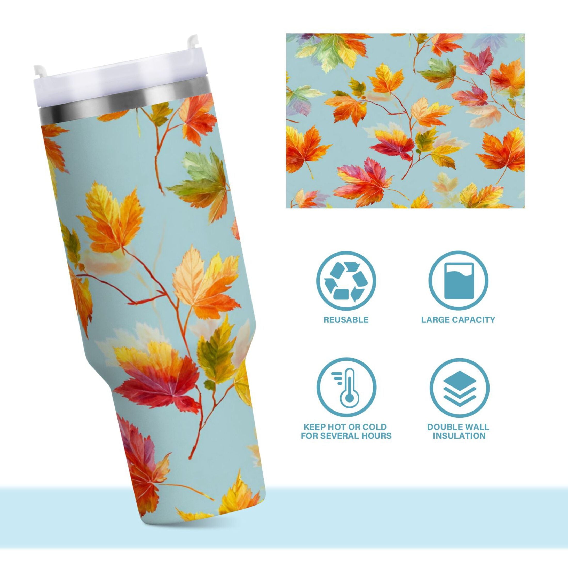 30 oz Insulated Stainless Steel Tumbler Double Wall Stainless Steel Tumbler with 2-Way Drinking Colorful Autumn Maple Leaves | E9N7