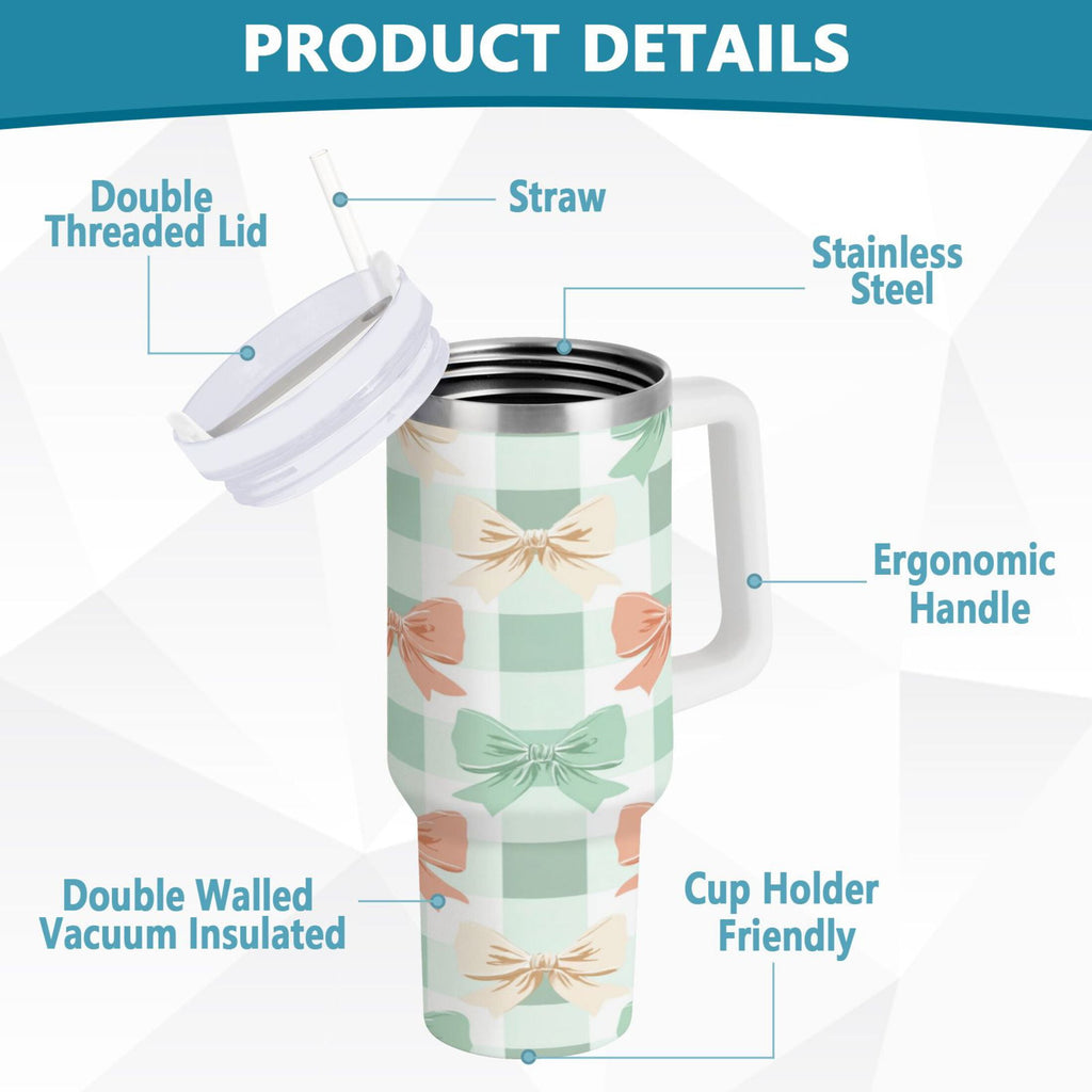 40 oz Insulated Stainless Steel Tumbler Double Wall Stainless Steel Tumbler with 2-Way Drinking Green and Peach Bow Pattern | 4EI8