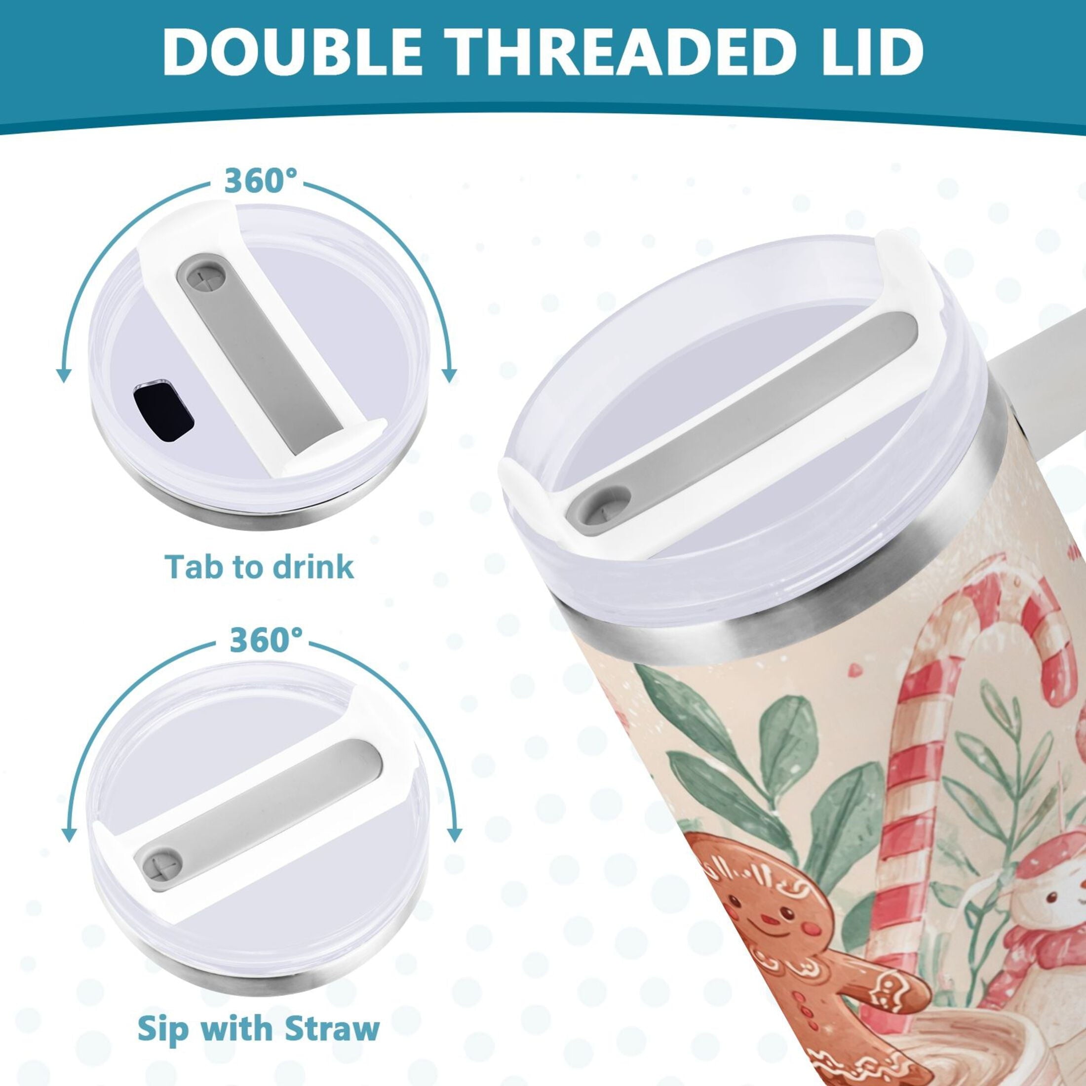 30 oz Insulated Stainless Steel Tumbler Double Wall Stainless Steel Tumbler with 2-Way Drinking Cute Christmas Design | PE93