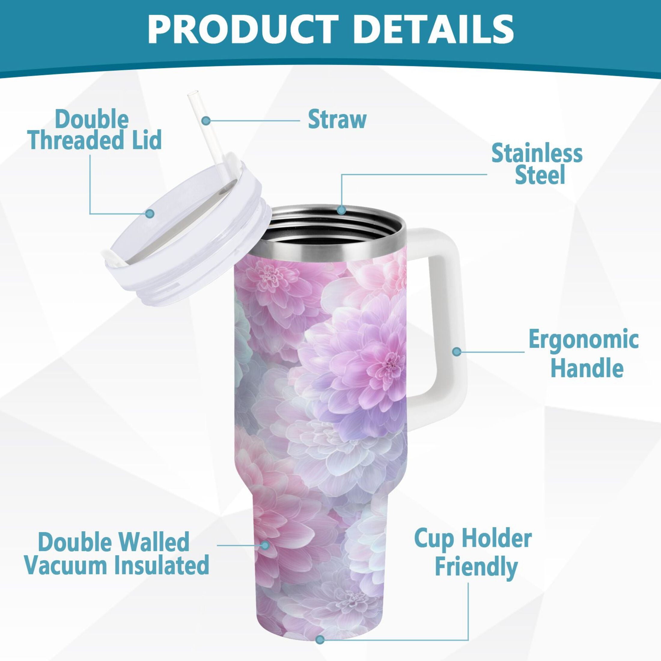 30 oz Insulated Stainless Steel Tumbler Double Wall Stainless Steel Tumbler with 2-Way Drinking Cute Pastel Watercolor Floral | 40PT