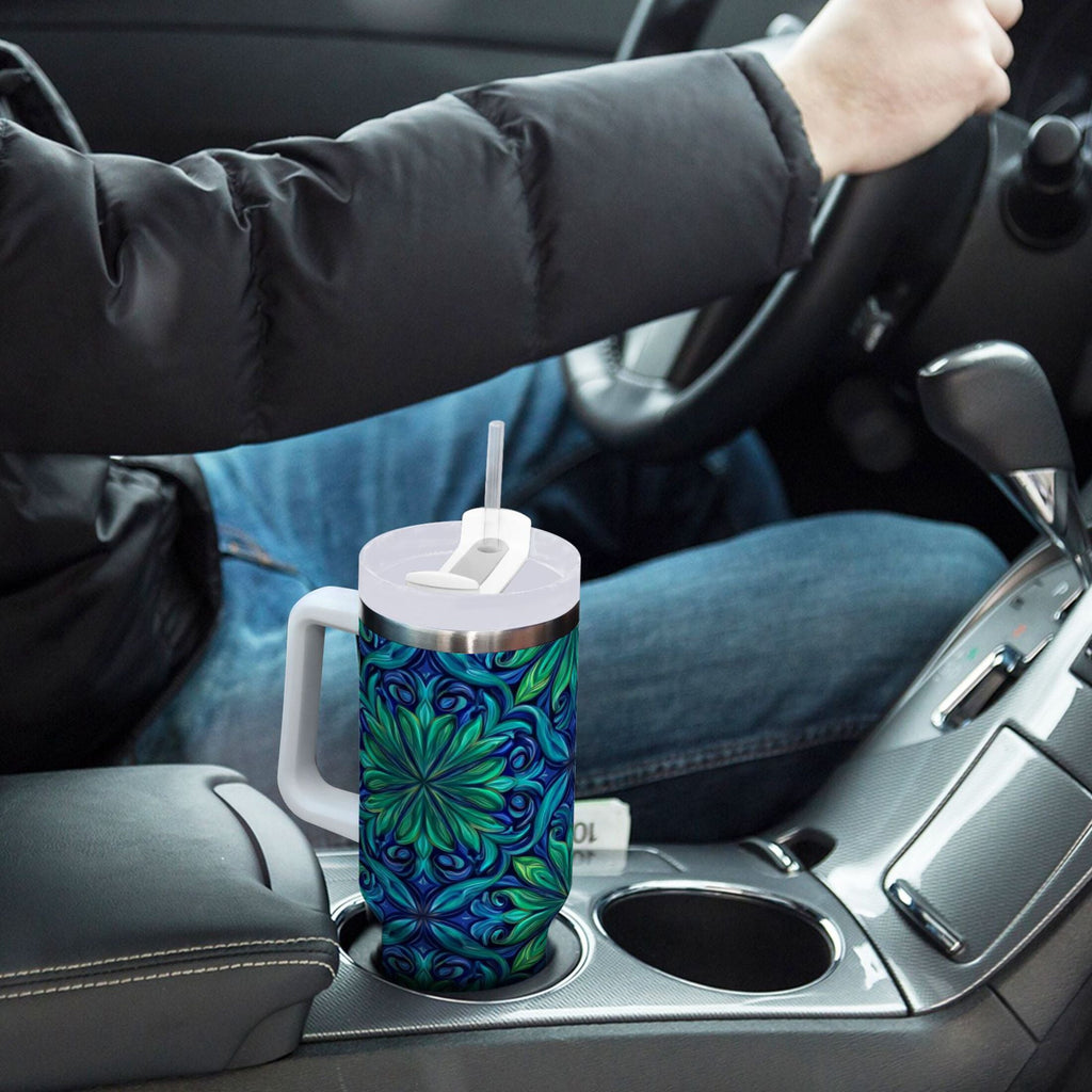 40 oz Insulated Stainless Steel Tumbler Double Wall Stainless Steel Tumbler with 2-Way Drinking Elegant Blue Traditional Patterns | ZRNL