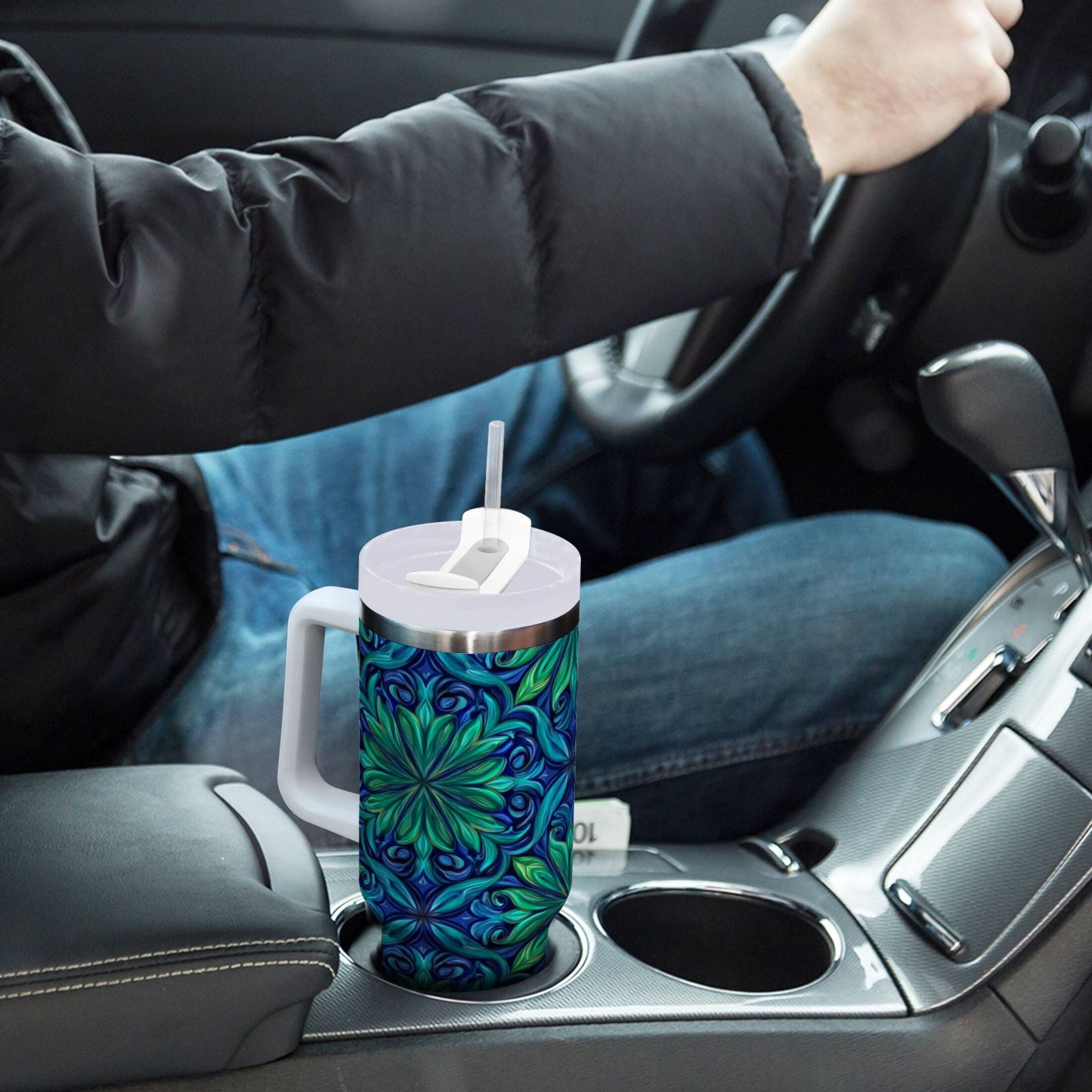 40 oz Insulated Stainless Steel Tumbler Double Wall Stainless Steel Tumbler with 2-Way Drinking Elegant Blue Traditional Patterns | ZRNL