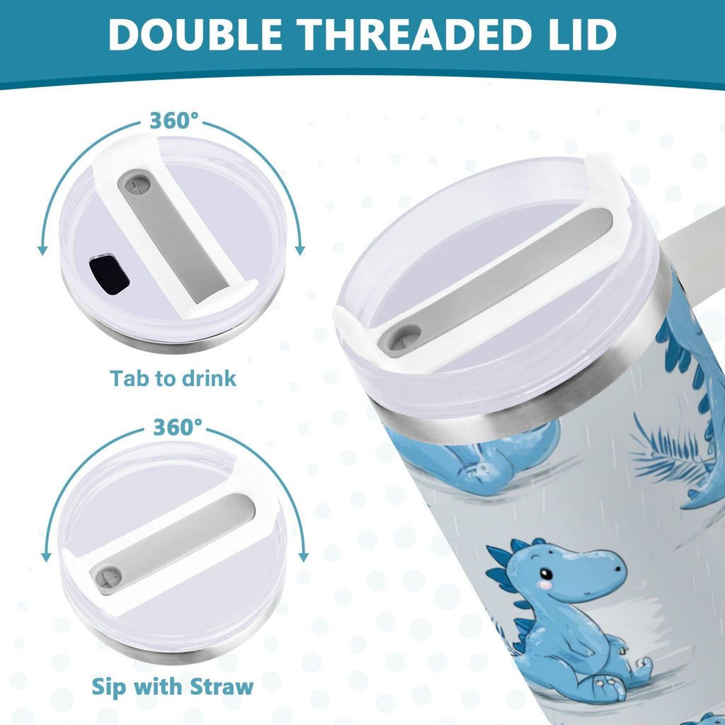 30 oz Insulated Stainless Steel Tumbler Double Wall Stainless Steel Tumbler with 2-Way Drinking Cartoon Blue Dinosaurs | LT8E