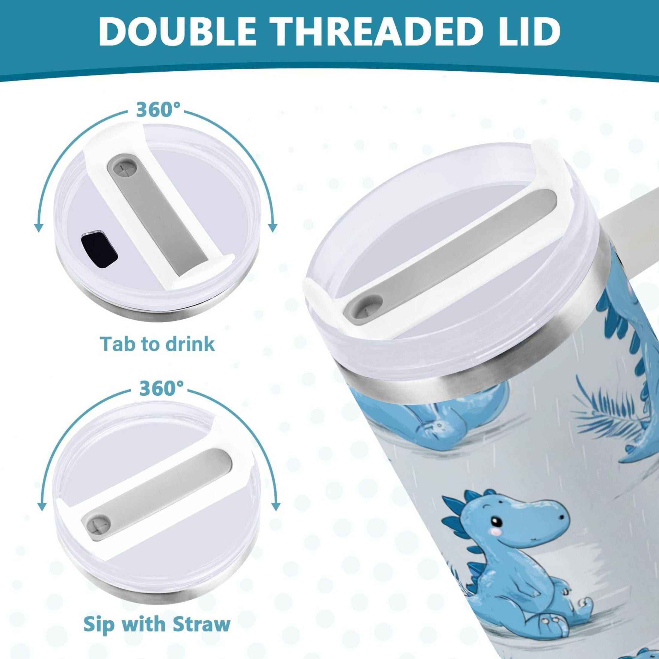 30 oz Insulated Stainless Steel Tumbler Double Wall Stainless Steel Tumbler with 2-Way Drinking Cartoon Blue Dinosaurs | LT8E