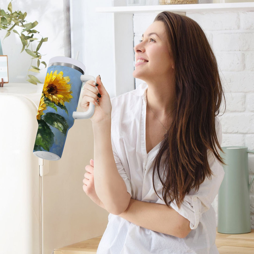 40 oz Insulated Stainless Steel Tumbler Double Wall Stainless Steel Tumbler with 2-Way Drinking Sunflowers Painting | WS0A
