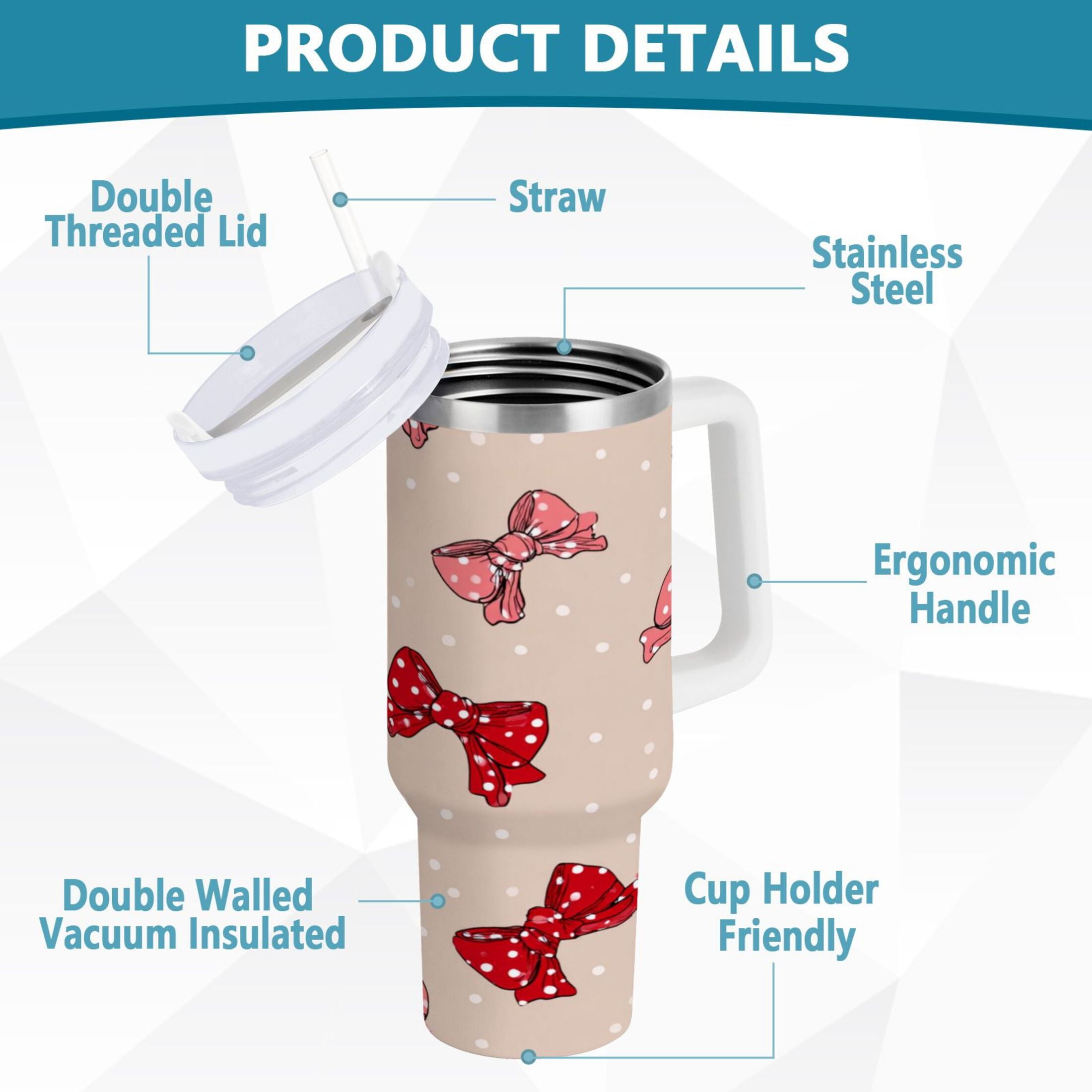 30 oz Insulated Stainless Steel Tumbler Double Wall Stainless Steel Tumbler with 2-Way Drinking Cute Red Bows Pattern | FSE2