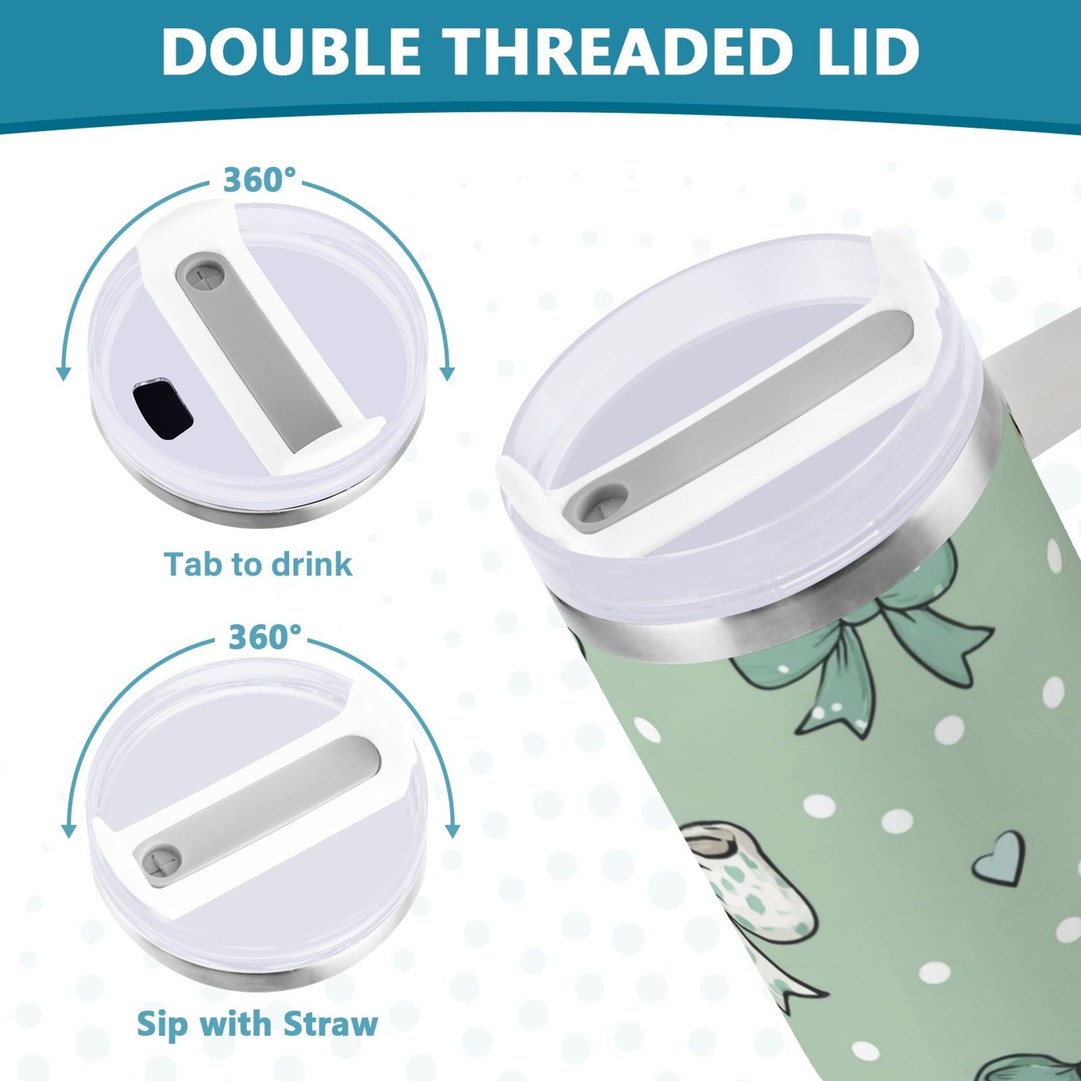 30 oz Insulated Stainless Steel Tumbler Double Wall Stainless Steel Tumbler with 2-Way Drinking Green and Mint Bows | B2SF